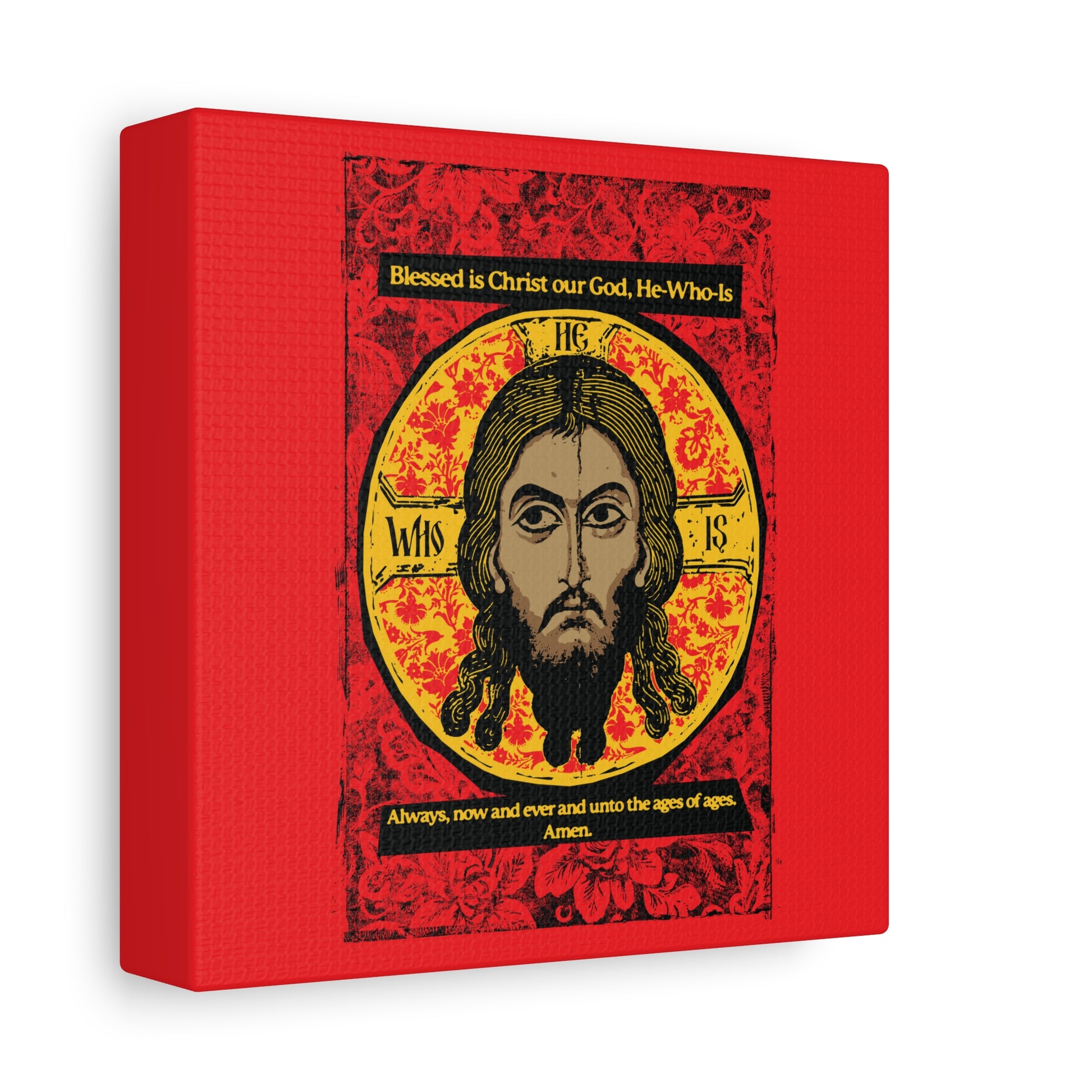 Remembrance of Death "Made Without Hands" canvas wall art features a stylized icon of Christ in red, black, and yellow with hymn-inspired text, perfect for Christian decor and inspired by the Mandylion/Icon of Edessa.