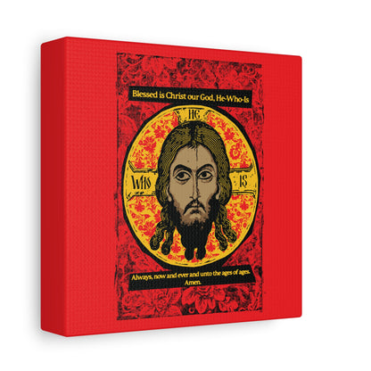 Remembrance of Death "Made Without Hands" canvas wall art features a stylized icon of Christ in red, black, and yellow with hymn-inspired text, perfect for Christian decor and inspired by the Mandylion/Icon of Edessa.
