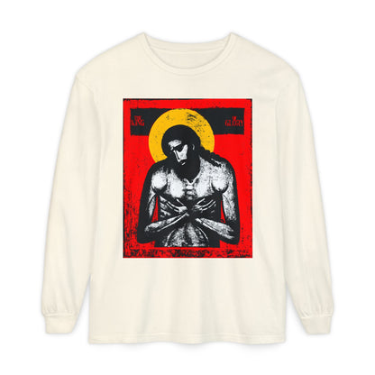 Ivory long-sleeve shirt featuring The King of Glory Jesus Christ "Extreme Humility" IconoGraphic in red, yellow, white, and black—Christian devotional wear inspired by Isaiah 53 and Christ’s sacrifice.