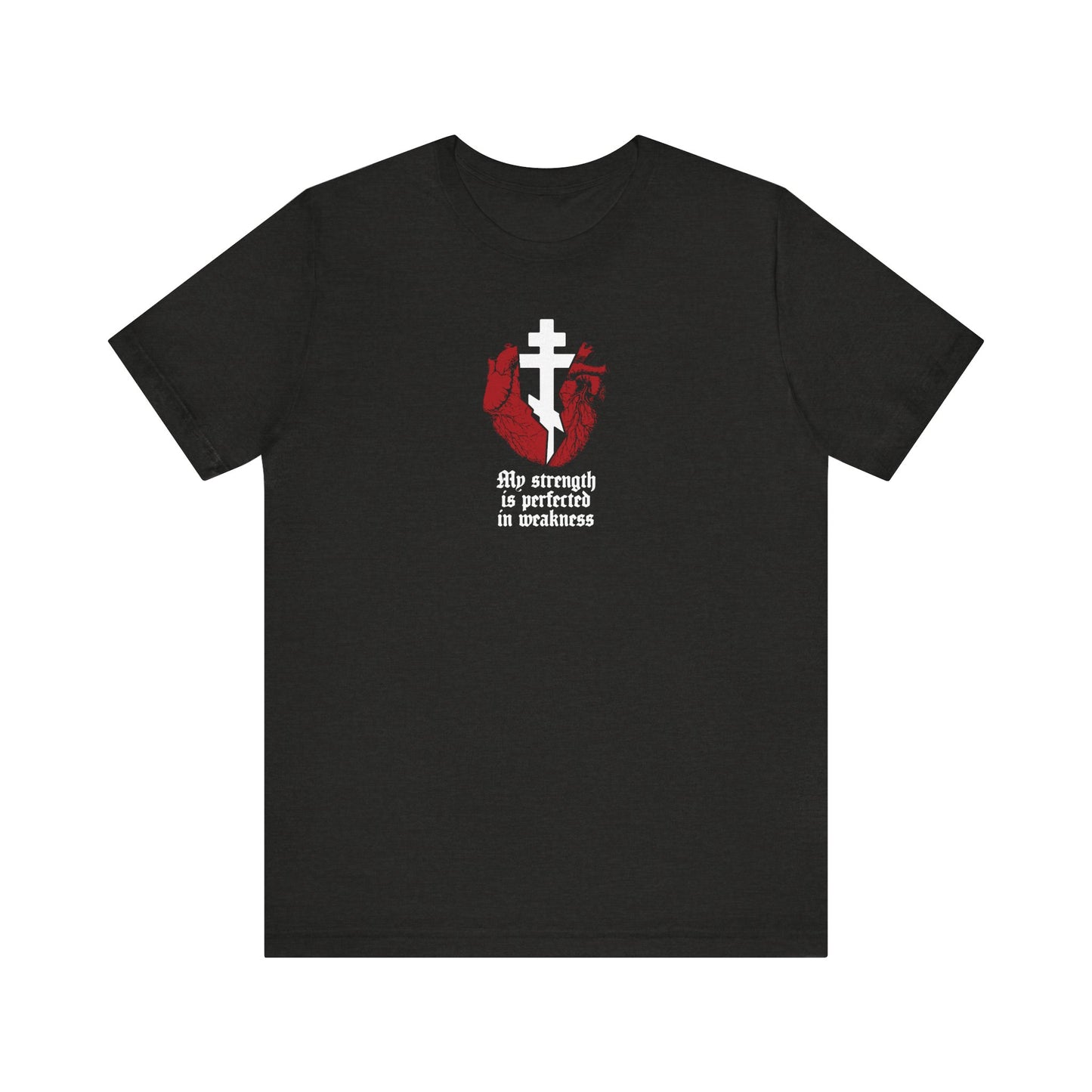 Black Heather tee featuring a broken heart with a cross and gothic text: "My strength is perfected in weakness" (2 Corinthians 12:9). Orthodox, lightweight cotton unisex design.