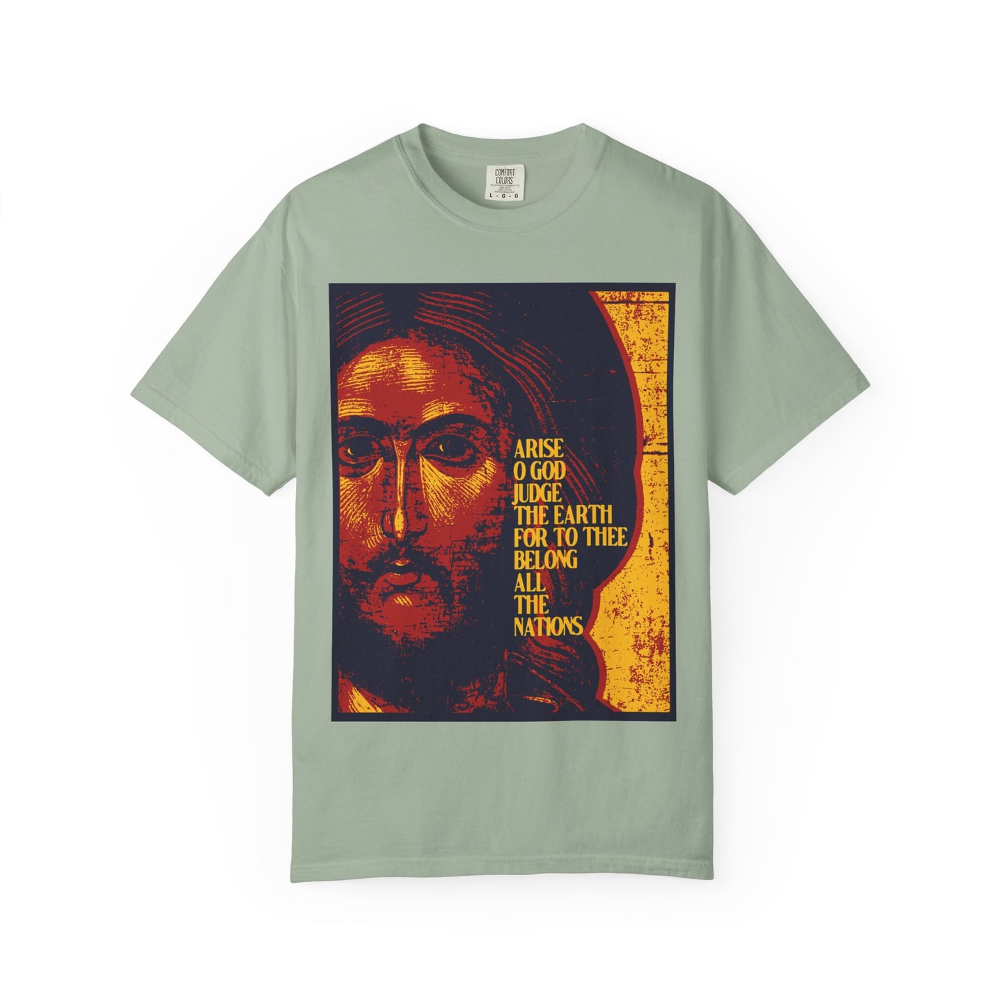 Bay-colored unisex heavyweight cotton t-shirt featuring a posterized Jesus Christ iconographic design and the text: “Arise, O God, judge the earth; for to thee belong all the nations”—Psalm 81. This Orthodox Christian shirt is a powerful reminder that all kingdoms are in our Lord’s hands.