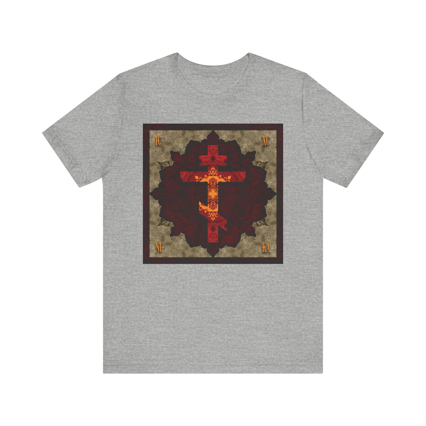 Athletic Heather unisex t-shirt featuring a square, textured design of a red and gold Russian cross with artistic detail—an homage to Orthodox Christian virtues like humility, inspired by the legacy of St. John of Shanghai and San Francisco; ICXC NIKA Artistic Textured Red & Gold Russian Cross Lightweight Cotton T-Shirt.