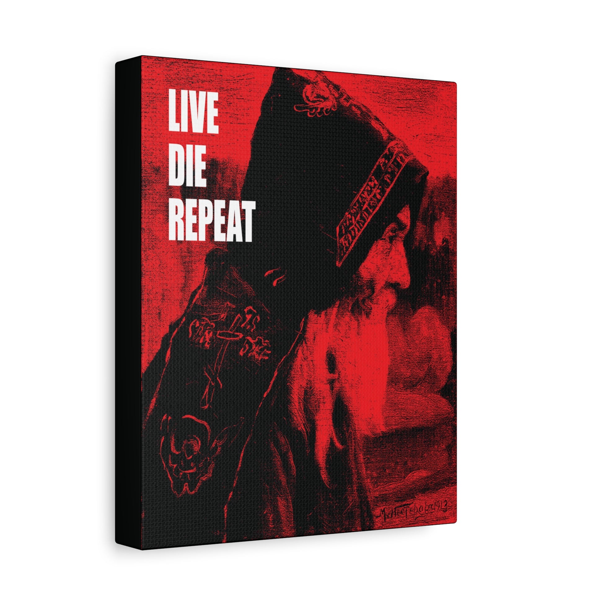 A striking canvas wall art titled "Live Die Repeat ('Monk' by Mikhail Nesterov)" features a bearded monk in red, paired with the quote “Die Every Day, and You Will Live Forever”—an homage to ascetic Christian wisdom.