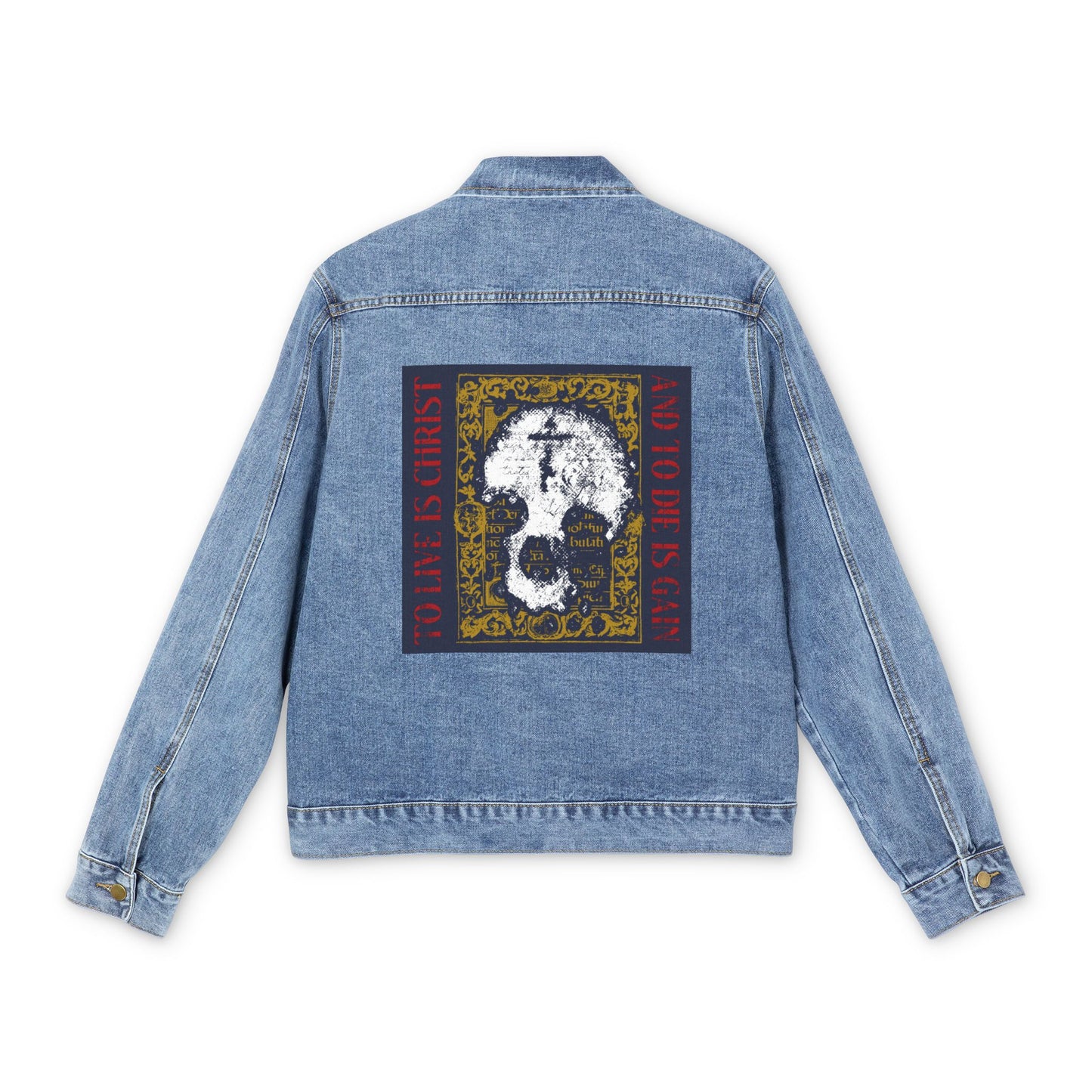 To Live is Christ, to Die is Gain (Philippians 1:21) | Skull with Cross on Gold Manuscript Texture | Orthodox Christian Blue Denim Jacket