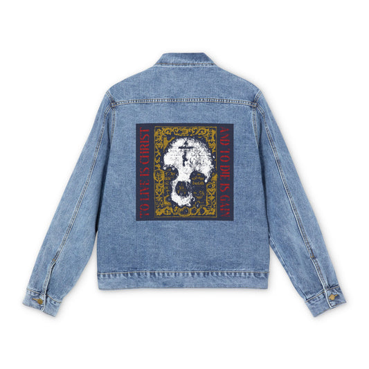 To Live is Christ, to Die is Gain (Philippians 1:21) | Skull with Cross on Gold Manuscript Texture | Orthodox Christian Blue Denim Jacket