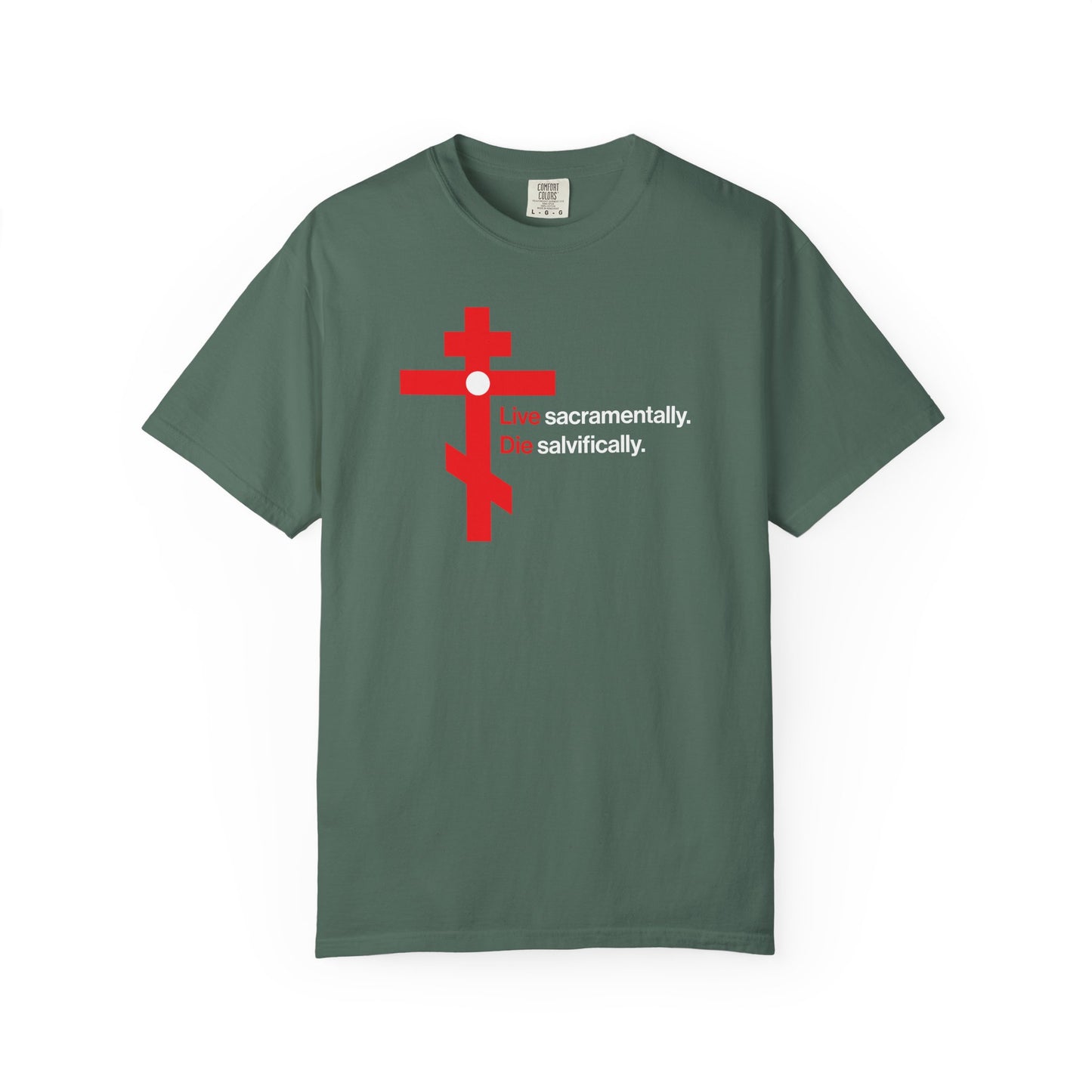 Live Sacramentally, Die Salvifically | Remember You Will Die | Memento Mori | Red Orthodox Cross White Circle | Heavyweight Cotton Unisex Tee