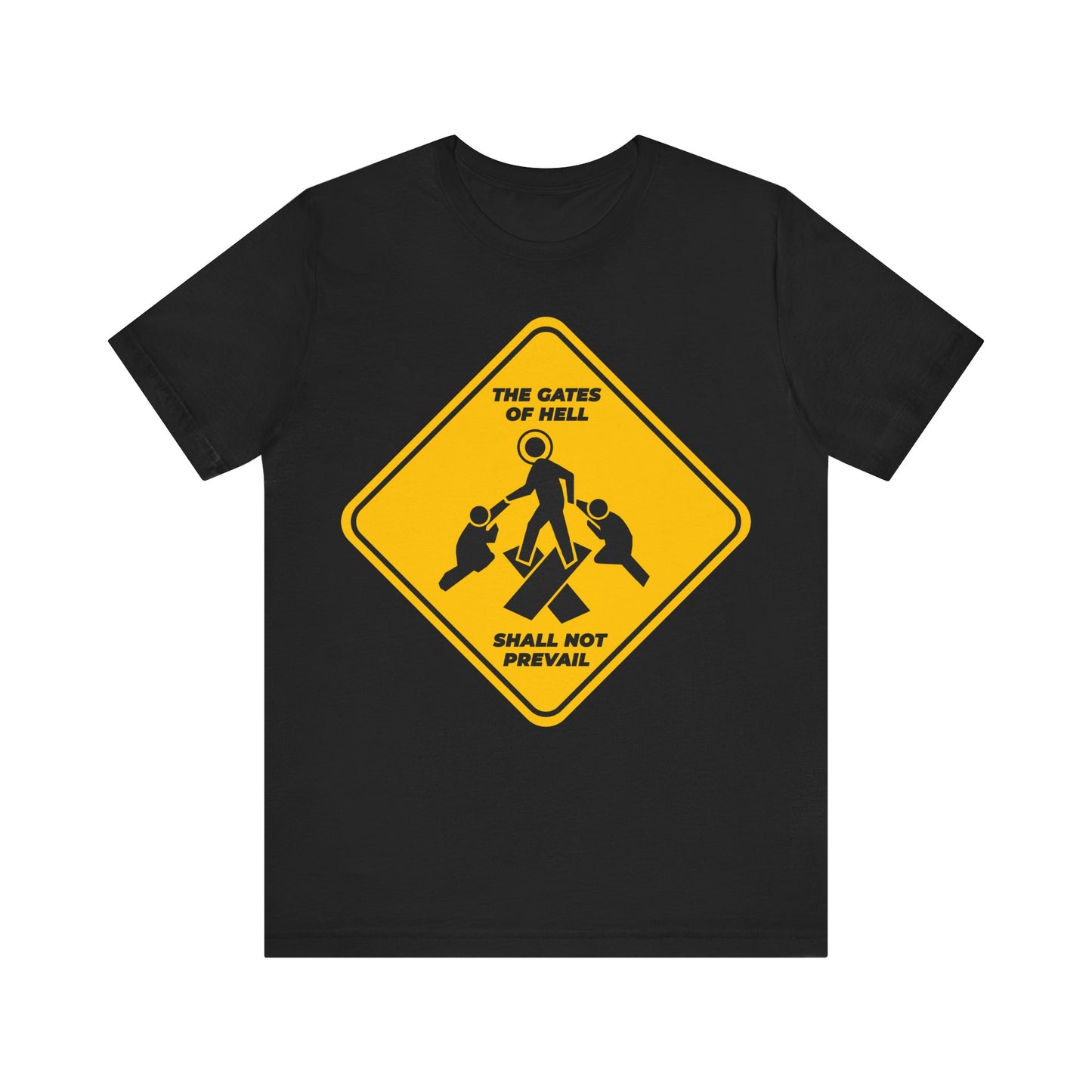 Gates of Hell Shall Not Prevail | Yellow Street Sign Minimalist Pascha Icon | Trampling Down Death By Death | Lightweight Cotton Unisex Tee