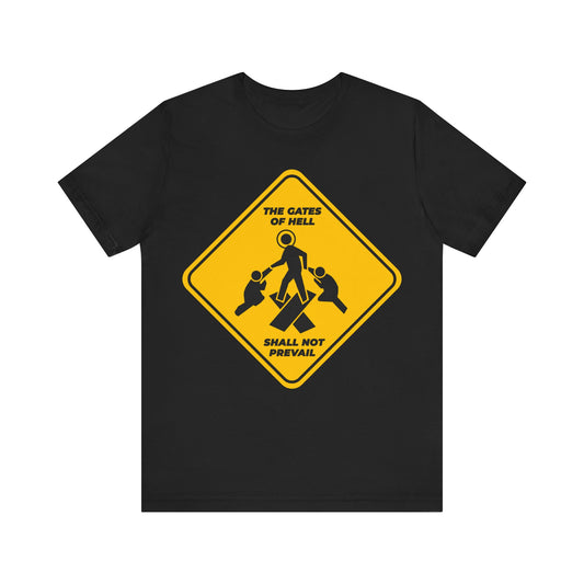 Gates of Hell Shall Not Prevail | Yellow Street Sign Minimalist Pascha Icon | Trampling Down Death By Death | Orthodox Christian Cotton T-Shirt