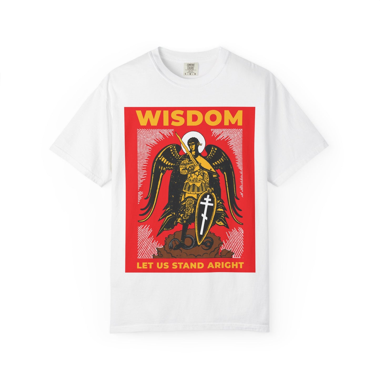 White heavyweight cotton unisex tee featuring a Russian illustration of Archangel Michael with shield and sword, the text "WISDOM" and "LET US STAND ARIGHT" on a red background.