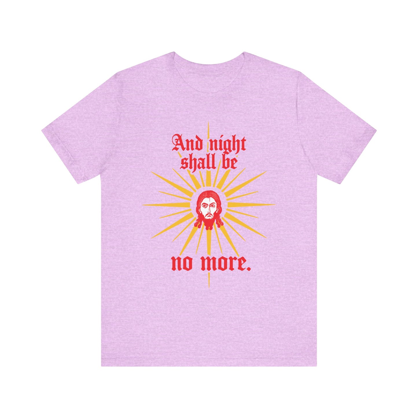 Heather Prism Lilac tee featuring a sunburst, face, and red “And night shall be no more” Gothic text. Inspired by Rev 22:5 and the promise of Christ, this Orthodox Christian lightweight cotton unisex shirt highlights the Mandylion IconoGraphic.