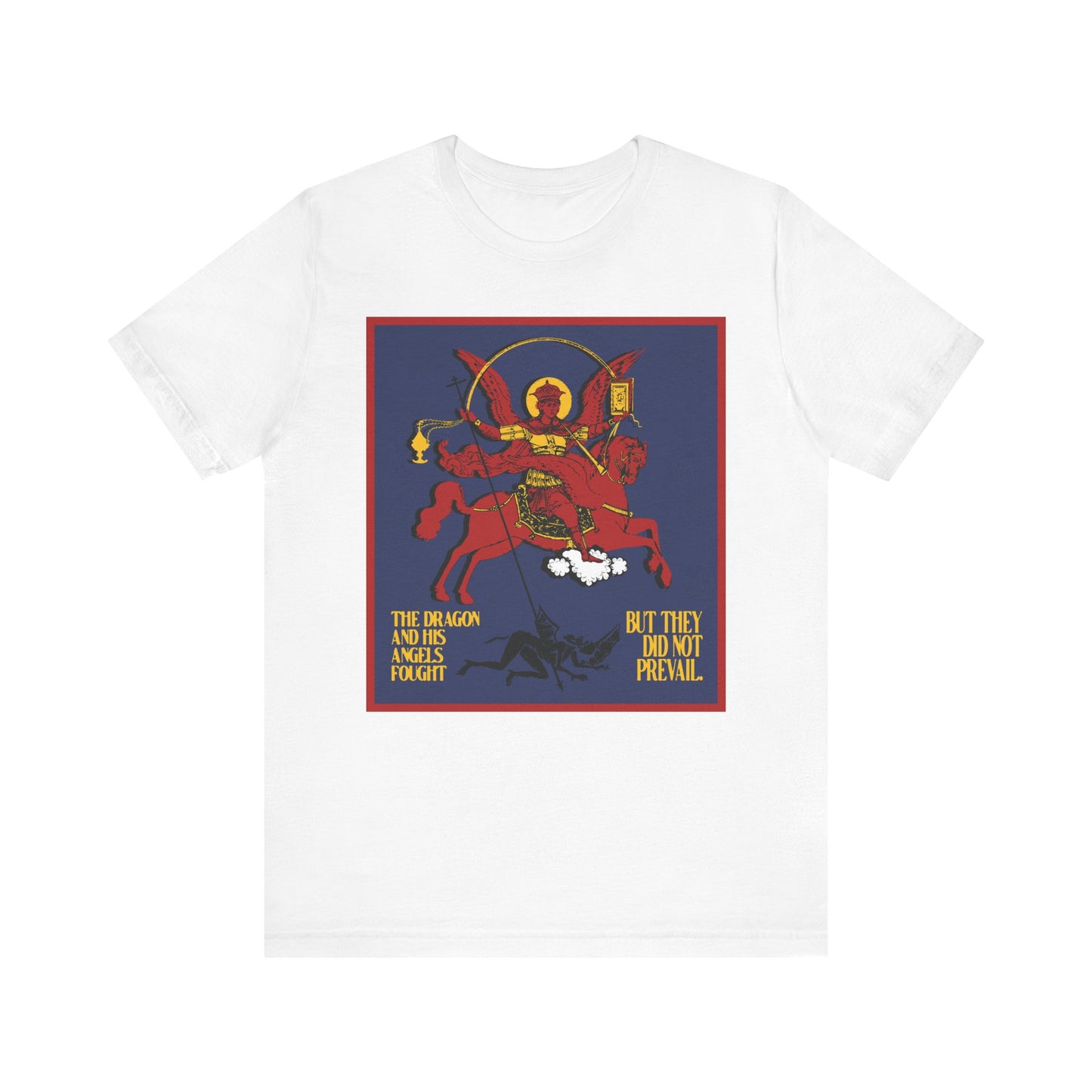 White “Archangel Michael Defeating Satan the Dragon (Rev 12:7-8)” Orthodox cotton tee features an icon-style design and the quote, “But they did not prevail.” Perfect for those passionate about spiritual warfare.