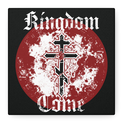 Kingdom Come Orthodox Christian Canvas Art: a textured Gothic font displays “Lord’s Prayer” beside an Orthodox cross with vine over a red and white circle, evoking sacred tradition.