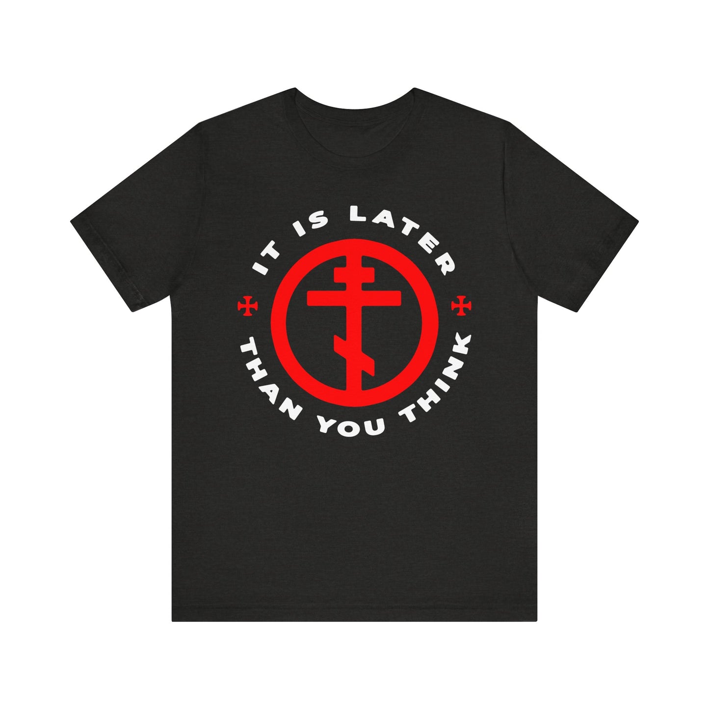 Black Heather t-shirt featuring a red cross in a circle and the phrase "IT IS LATER THAN YOU THINK" in white, inspired by Fr. Seraphim Rose’s exhortation to cast off the works of darkness and put on the armor of light—part of the "It Is Later Than You Think | Fr Seraphim Rose | American Saint | Memento Mori | Apocalypse | Orthodox Lightweight Cotton Unisex Tee" collection.