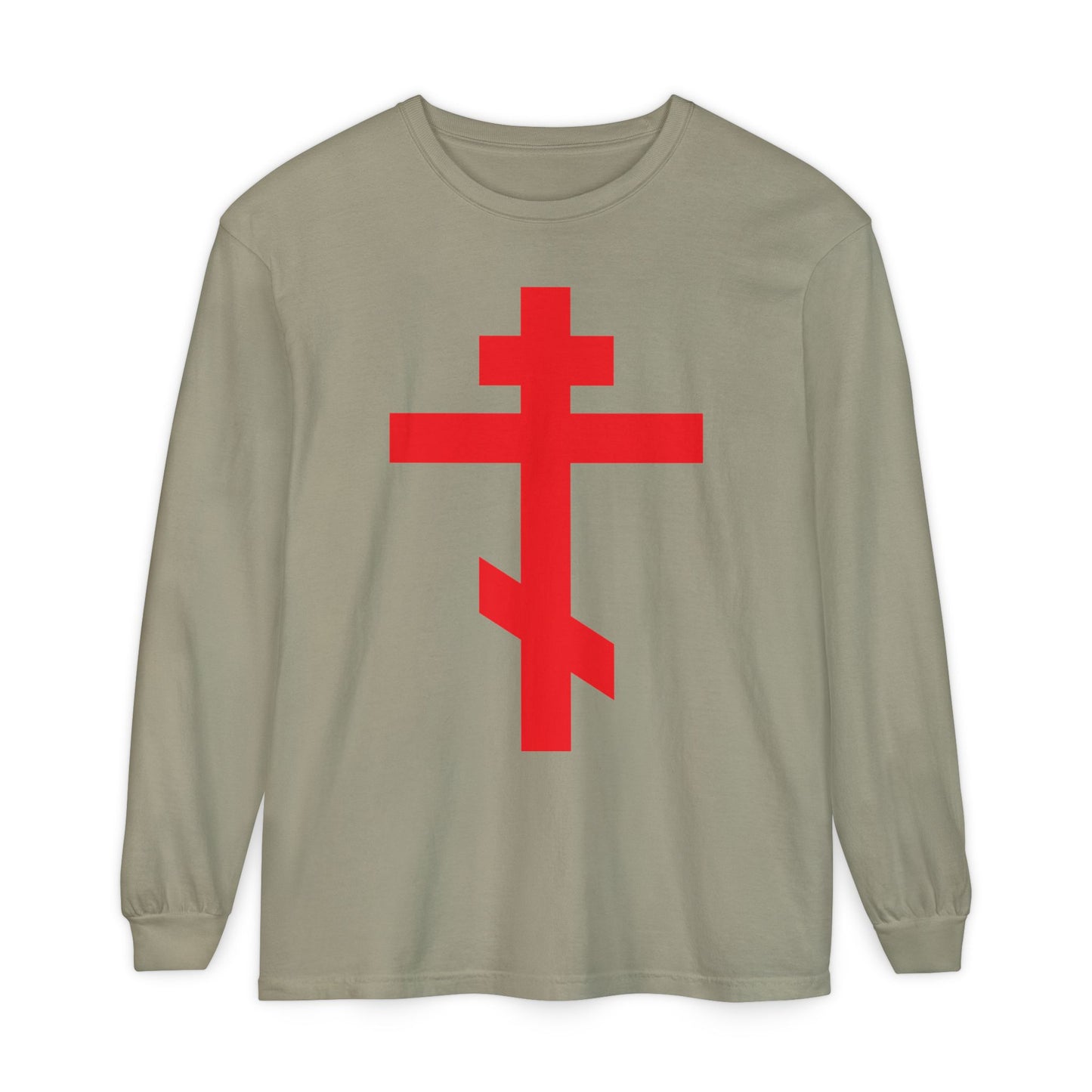 Sandstone long sleeve cotton shirt featuring a bright red Orthodox cross, inspired by “Preserve Thy People By Thy Cross, O Lord,” Troparion of the Cross, and St. John of Kronstadt.