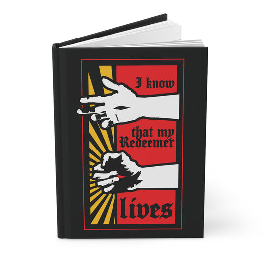 Comic book style journal cover featuring the resurrected Jesus' fist with divine power, rays of light, and "I Know That My Redeemer Lives" (Job 19:25). Orthodox Christian blank journal.