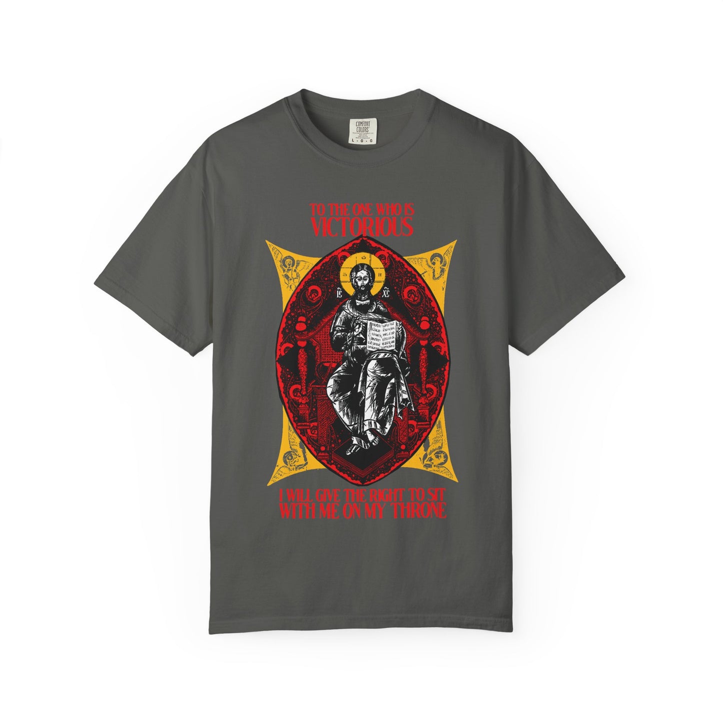 Pepper-colored "Christ is King, Enthroned In Glory IconoGraphic" unisex tee features a crowned figure and red "To the One Who Is Victorious" text. Inspired by Rev 3:21, it celebrates Christ’s promise to the faithful. Heavyweight Orthodox Christian cotton shirt.