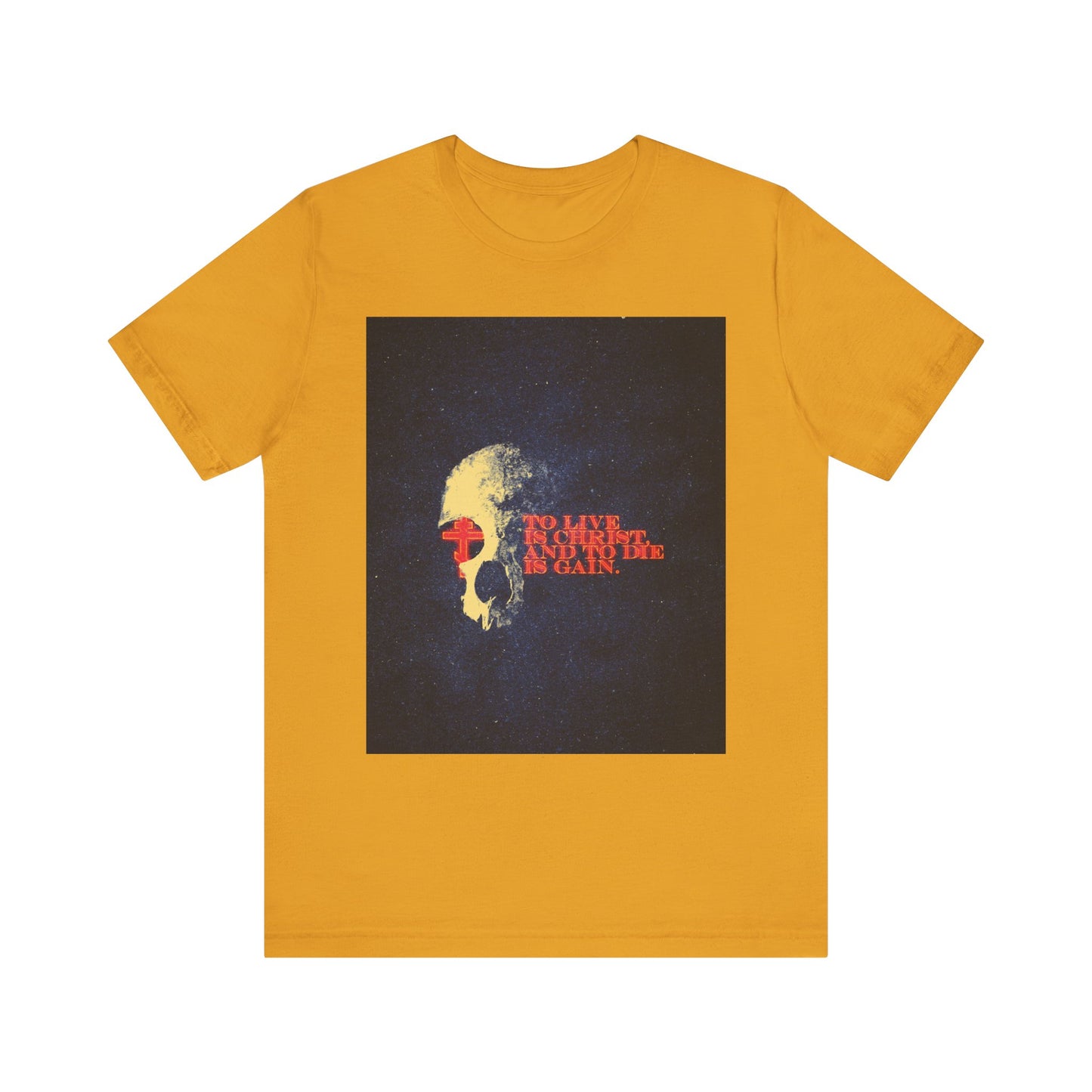 Mustard unisex lightweight cotton tee featuring a retro-textured skull and cross design, with glowing red letters displaying "To live is Christ, to die is gain" from Philippians 1:21—a modern and bold tribute to timeless truths inspired by Paul’s epistles.