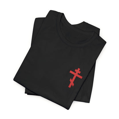 Two folded black unisex cotton t-shirts feature a small red embroidered Orthodox cross on the chest, inspired by Galatians 6:14: "May I Never Boast Except in the Cross.