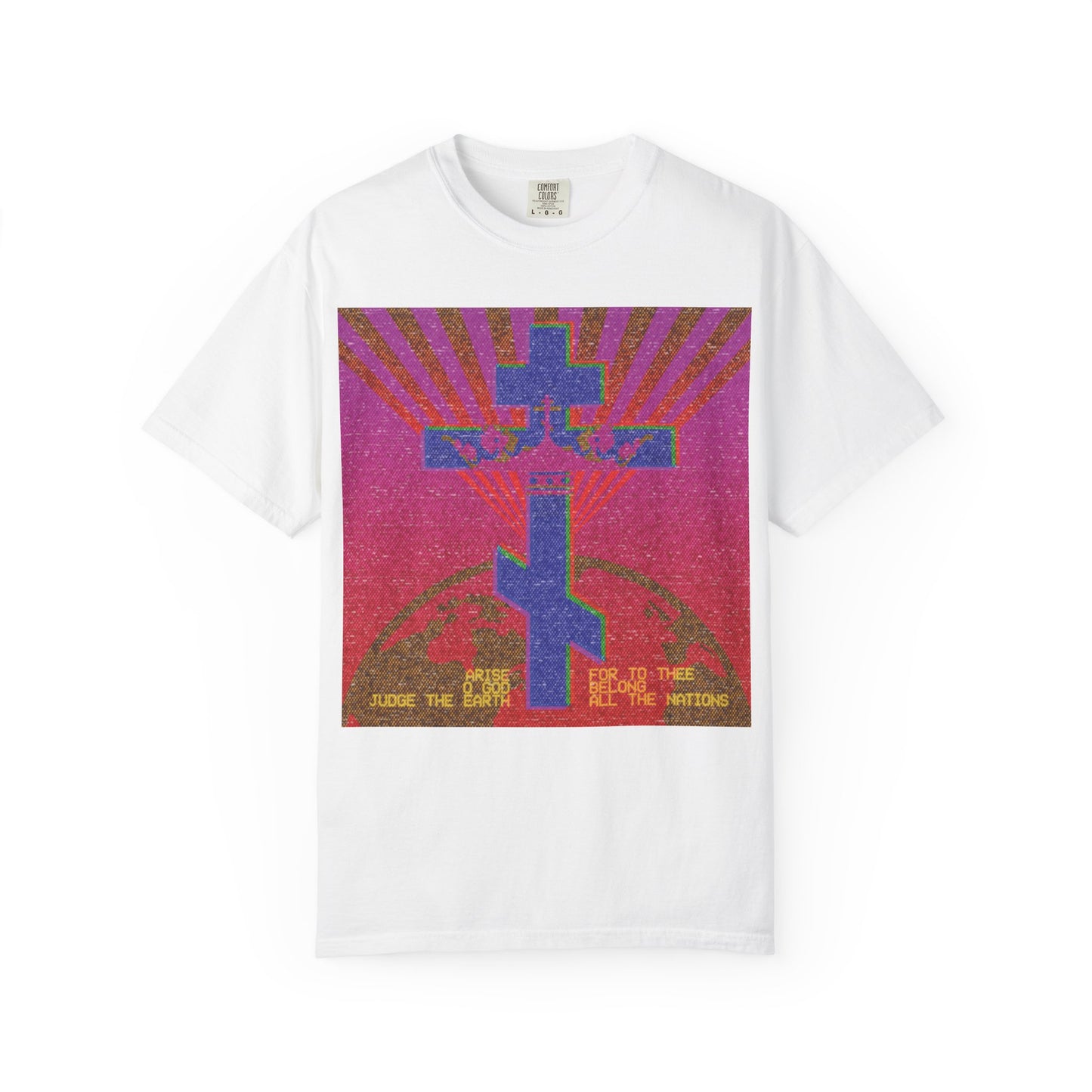 White “Arise, O God, Judge the Earth (Psalm 81)” heavyweight cotton unisex t-shirt featuring a bold, colorful 80s retro VCR/computer monitor pixel design with a cross and rays referencing the Orthodox Christian “divine council” theme, finished with “judge the earth” text at the bottom—all on a plain white background.