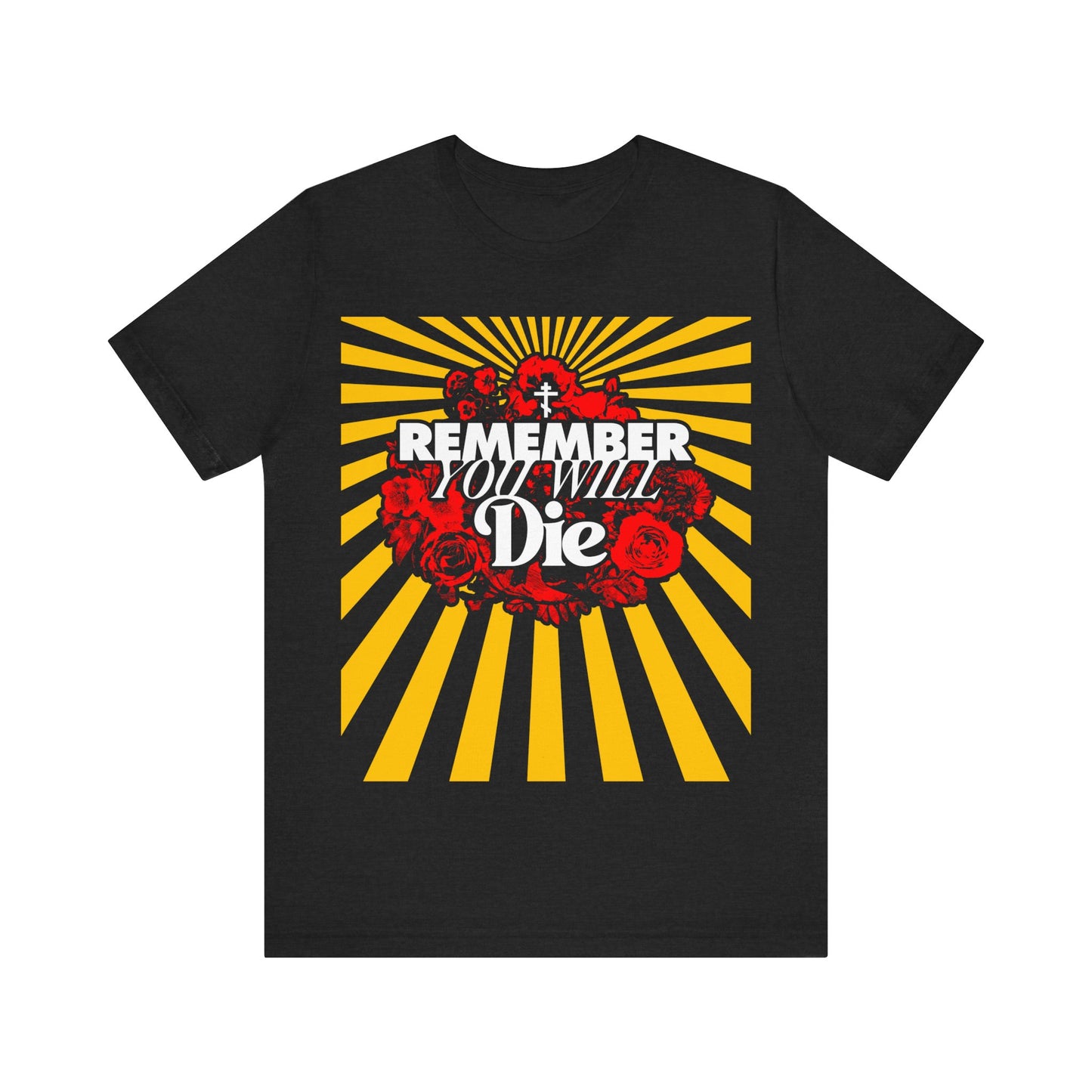 Remember You Will Die Red & Yellow Pop Art Design | Orthodox Cross | Memento Mori | Roses & Rays | Christian Lightweight Cotton Unisex Tee