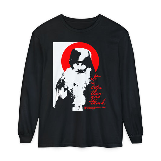The Remembrance of Death "It's Later Than You Think" long sleeve features Fr Seraphim Rose in black, white, and red, with the phrase "It is later than you think" and spiritual discipline themes, inspired by modern Orthodox Christian memento mori.