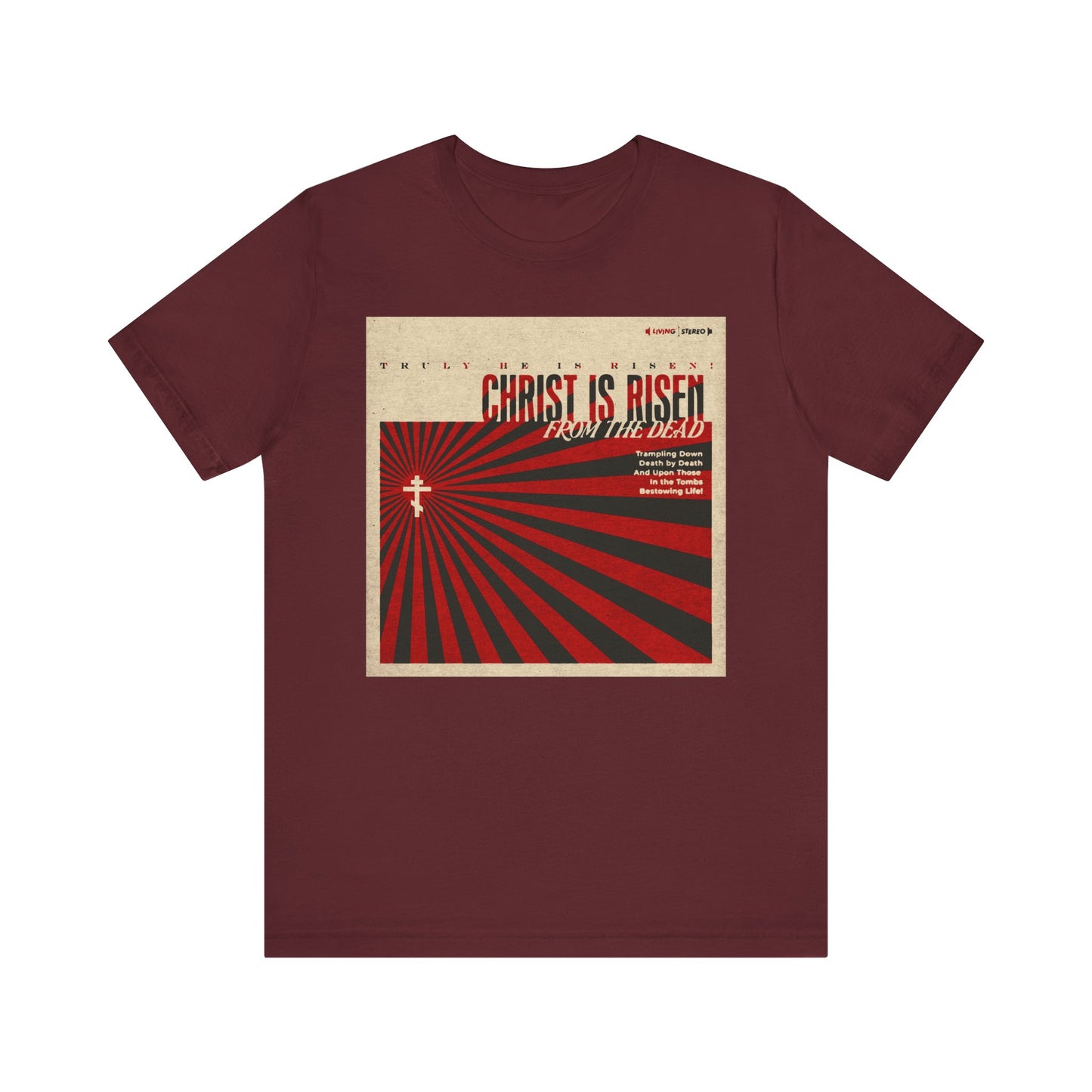 Maroon "Christ is Risen from the Dead" Orthodox Christian unisex tee, featuring a retro LP cover sunburst design inspired by the Paschal Troparion. Lightweight cotton for comfort and style.