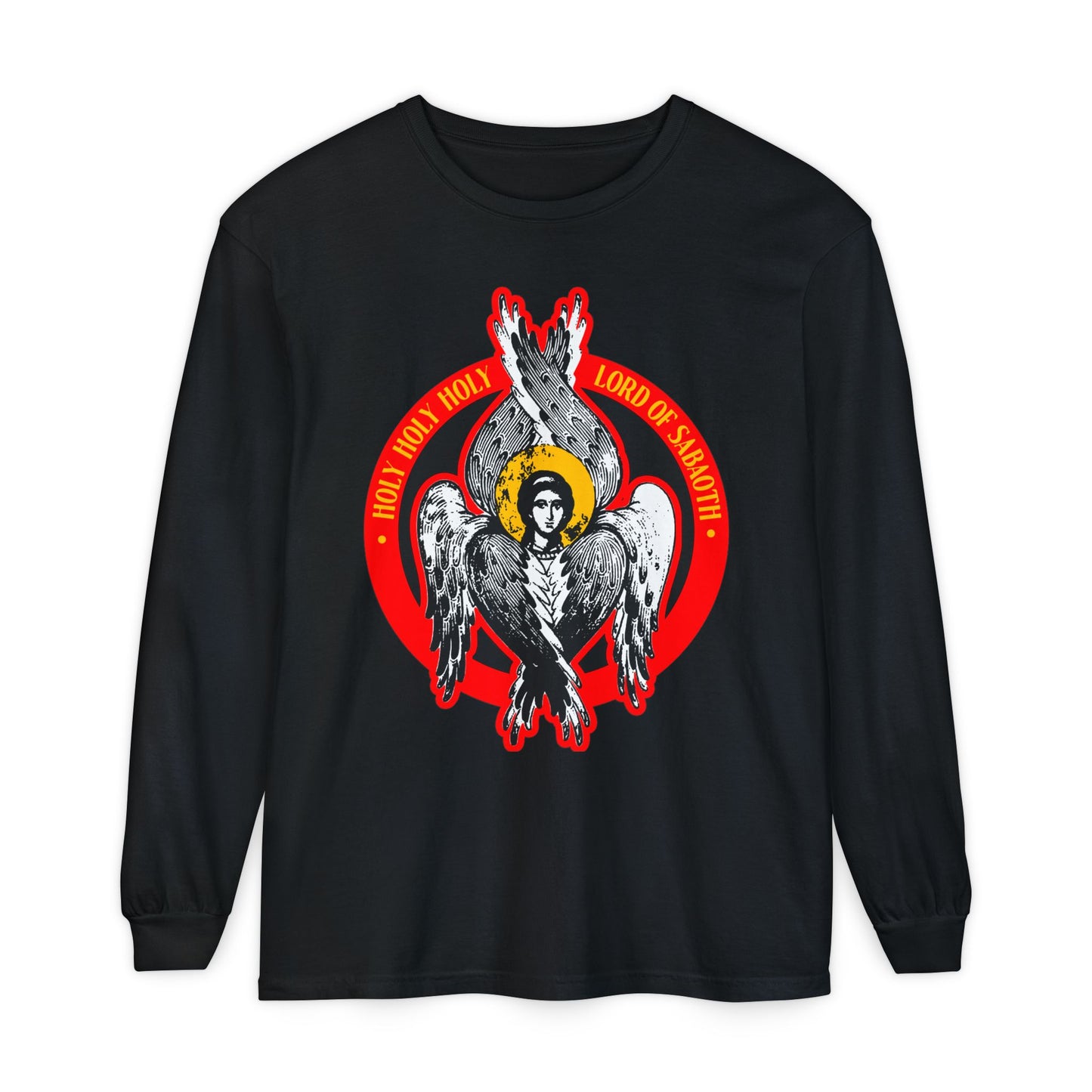 Black long-sleeve Holy Holy Holy, Lord of Sabaoth shirt features an Orthodox Seraphim angel graphic inspired by Isaiah 6’s throne vision and the words "HOLY HOLY HOLY LORD OF SABAOTH.