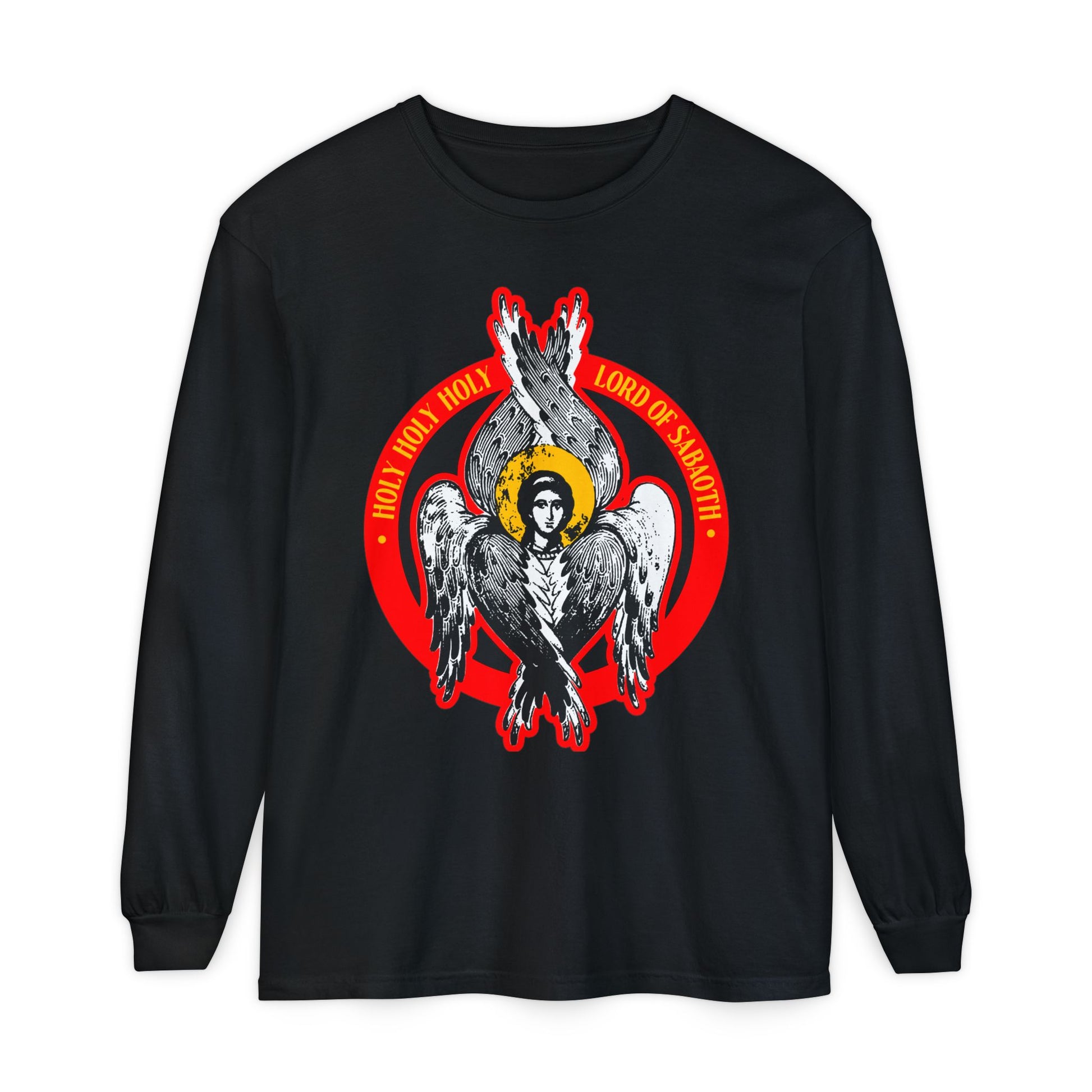 Black long-sleeve Holy Holy Holy, Lord of Sabaoth shirt features an Orthodox Seraphim angel graphic inspired by Isaiah 6’s throne vision and the words "HOLY HOLY HOLY LORD OF SABAOTH.