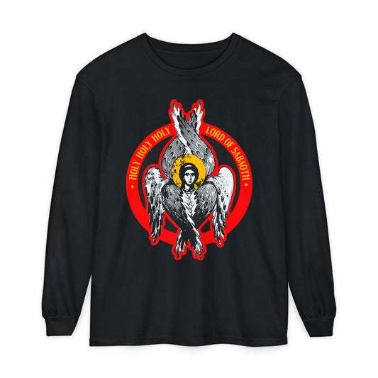 Black long-sleeve Holy Holy Holy, Lord of Sabaoth shirt features an Orthodox Seraphim angel graphic inspired by Isaiah 6’s throne vision and the words "HOLY HOLY HOLY LORD OF SABAOTH.
