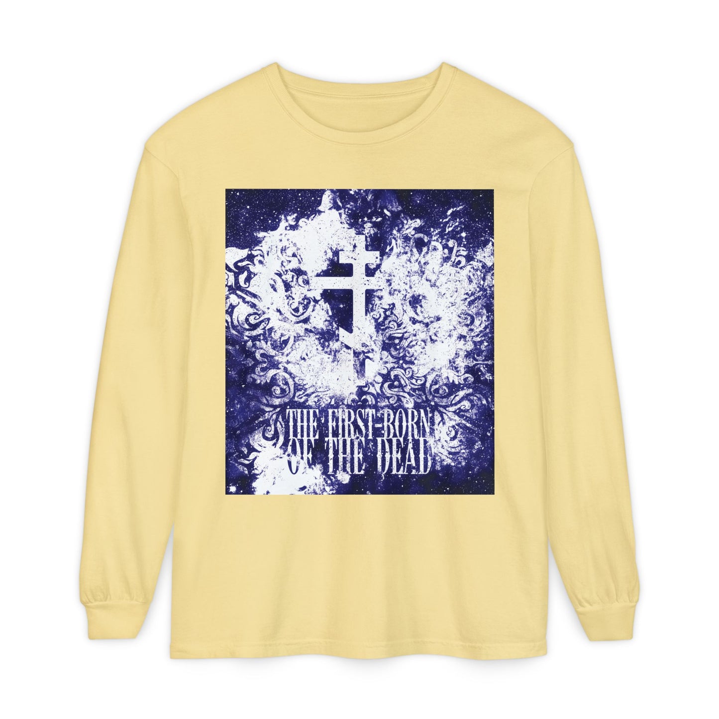 Butter-colored long sleeve cotton shirt featuring a glowing white & blue textured cosmic Orthodox cross and "The First-Born of the Dead" text, inspired by resurrection and apocalypse themes.