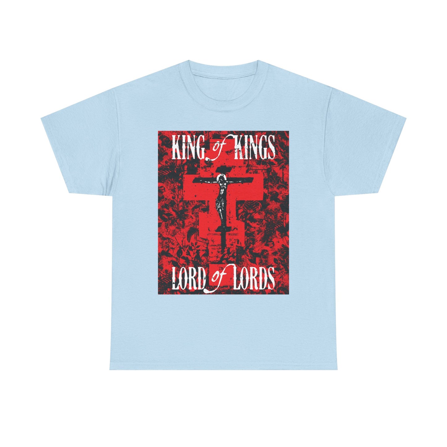 King of Kings, Lord of Lords | Christ Crucified Icono-Graphic | Red Cross Nature Texture w/ White Text | Midweight Cotton Unisex Tee