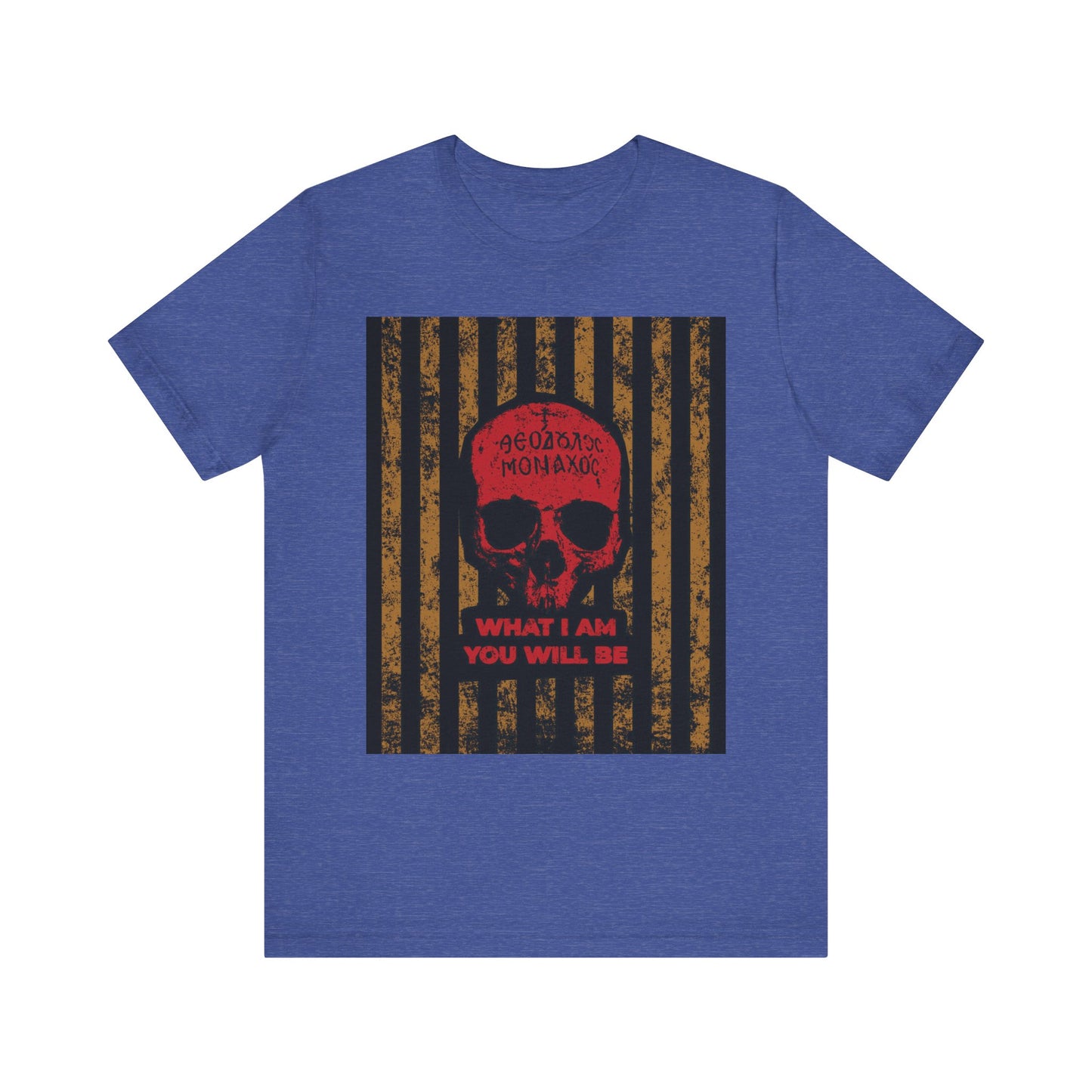 Heather True Royal t-shirt featuring a red Mt Athos monk skull, Greek text, and "WHAT I AM YOU WILL BE" over black and gold stripes, inspired by the Memento Mori theme of remembrance of death.