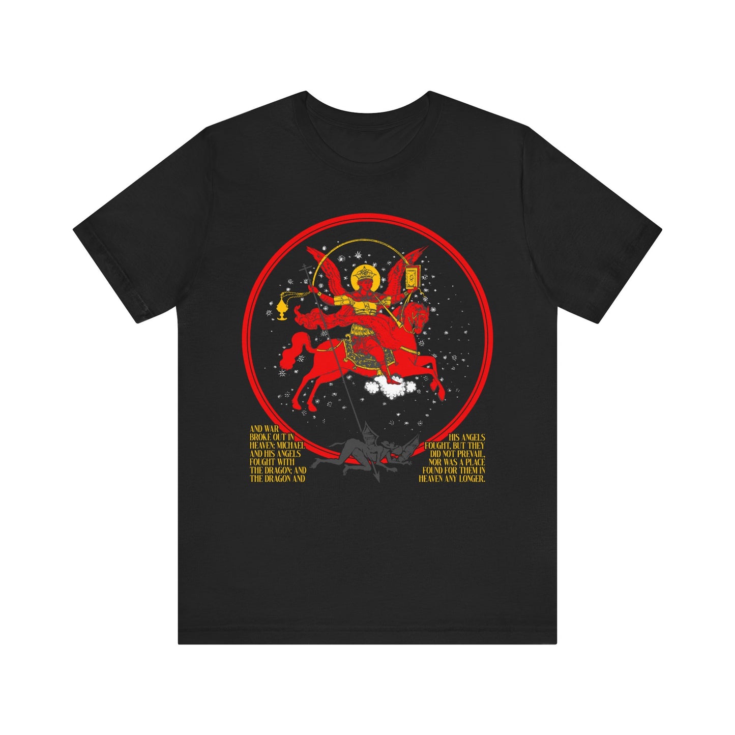 Archangel Michael of the Apocalypse Icono-Graphic | War in Heaven (Rev 12:7-9) | Satan Cast Out | Orthodox Christian Cotton T-Shirt