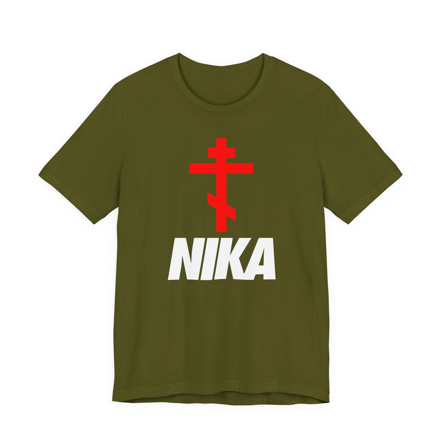 Olive T-shirt with a red Orthodox cross above bold white NIKA text, inspired by the NIKE logo. Minimalist Christian design: Jesus Christ Conquers. Athletic Ascetic fashion.