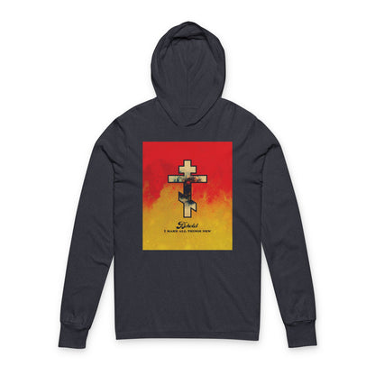 Behold, I Make All Things New (Revelation 21:5) | Cosmic Orthodox Cross on Red and Yellow Background | Orthodox Long Sleeve Hooded Shirt