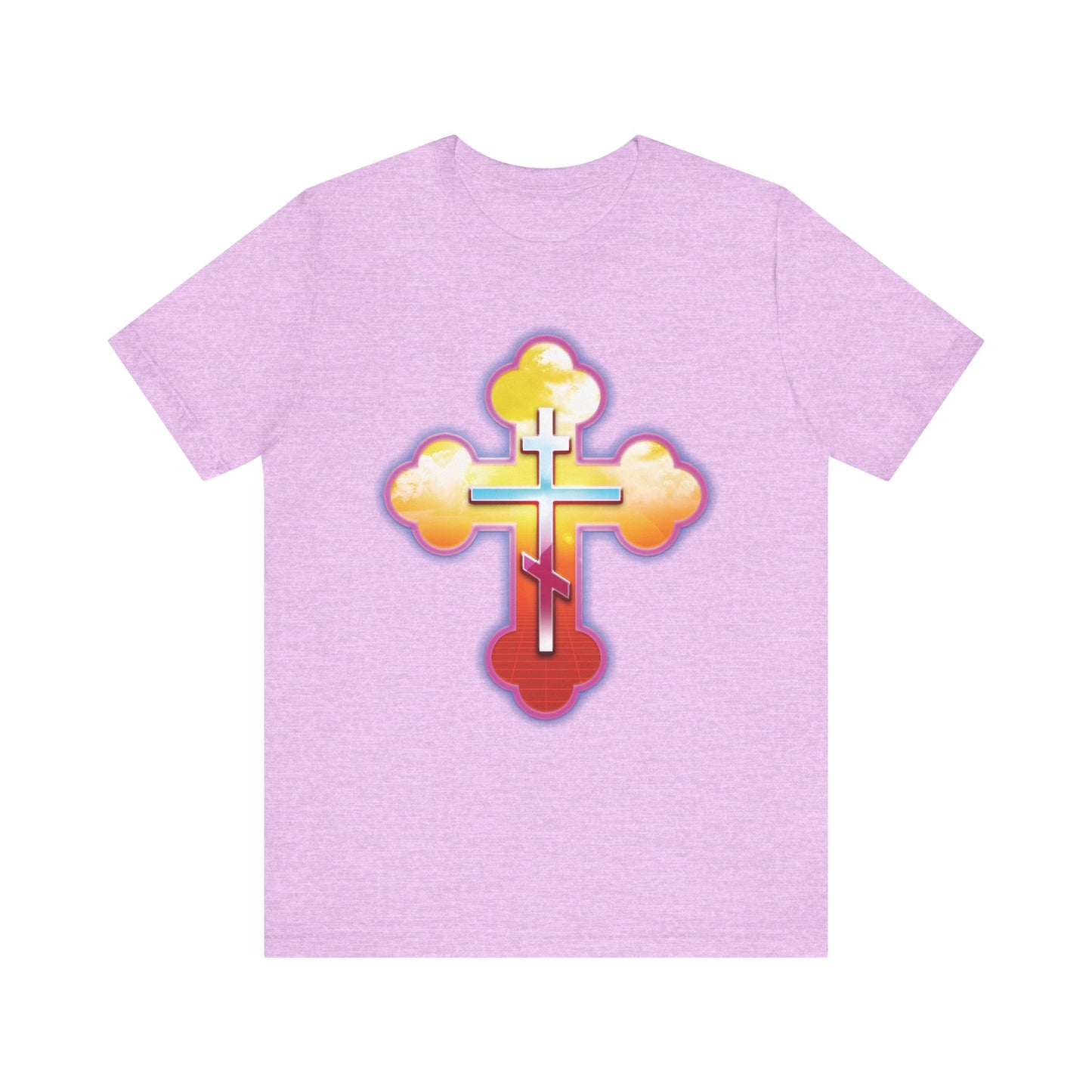 80s Synthwave Retrowave Outrun Aesthetic | Glowing & Reflective Gold & Red Three-Bar Cross | Lightweight Cotton Unisex Tee