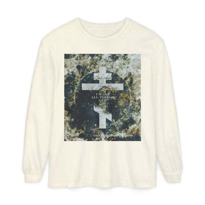 Behold, I Make All Things New | Revelation 21:5 | Cosmic Textured Orthodox Cross | Parousia | Orthodox Christian Long Sleeve Shirt