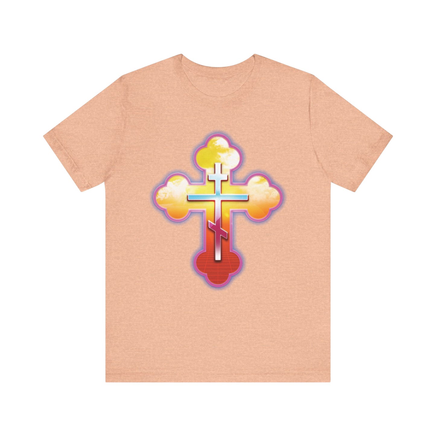 80s Synthwave Retrowave Outrun Aesthetic | Glowing & Reflective Gold & Red Three-Bar Cross | Lightweight Cotton Unisex Tee