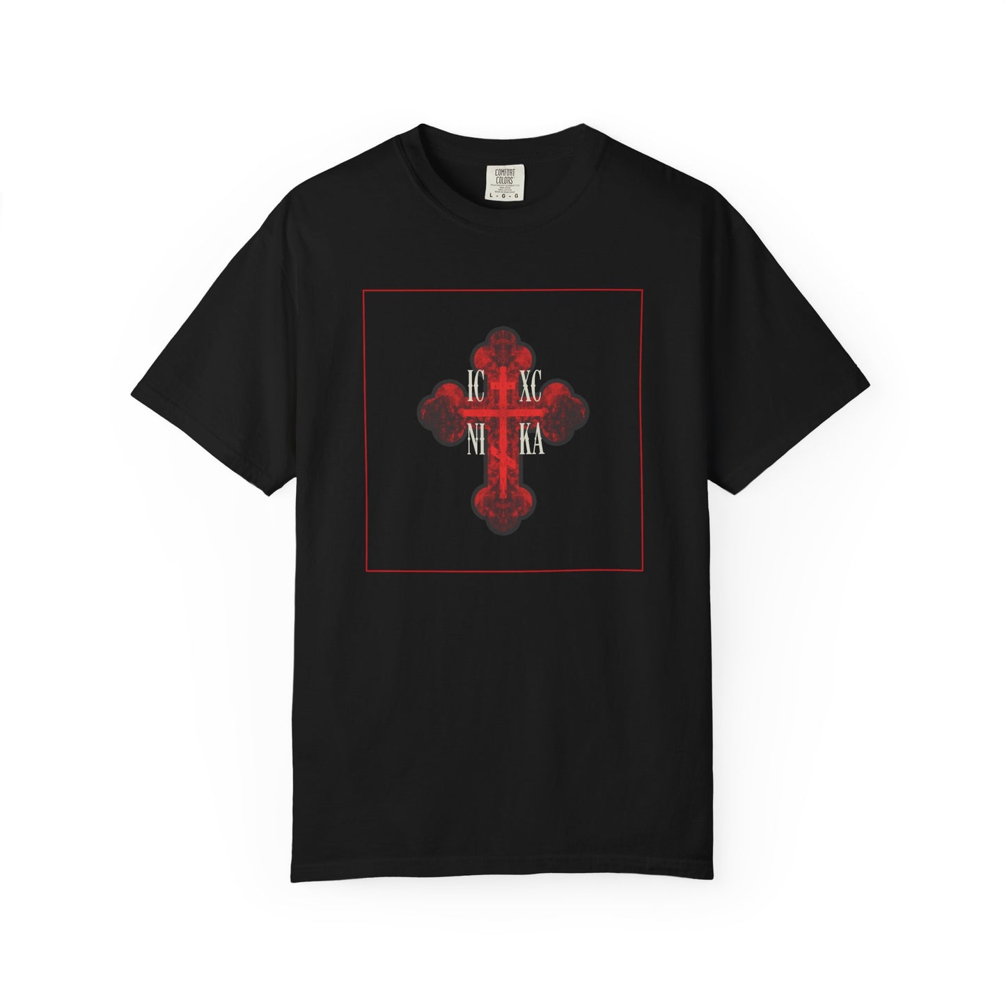 Black "ICXC NIKA Red Glowing Ornate Textured Orthodox Cross" t-shirt featuring a red and white ornate cross—symbol of salvation—with Greek letters at the center, representing sanctification and purification of the faithful. Made from heavyweight unisex cotton.
