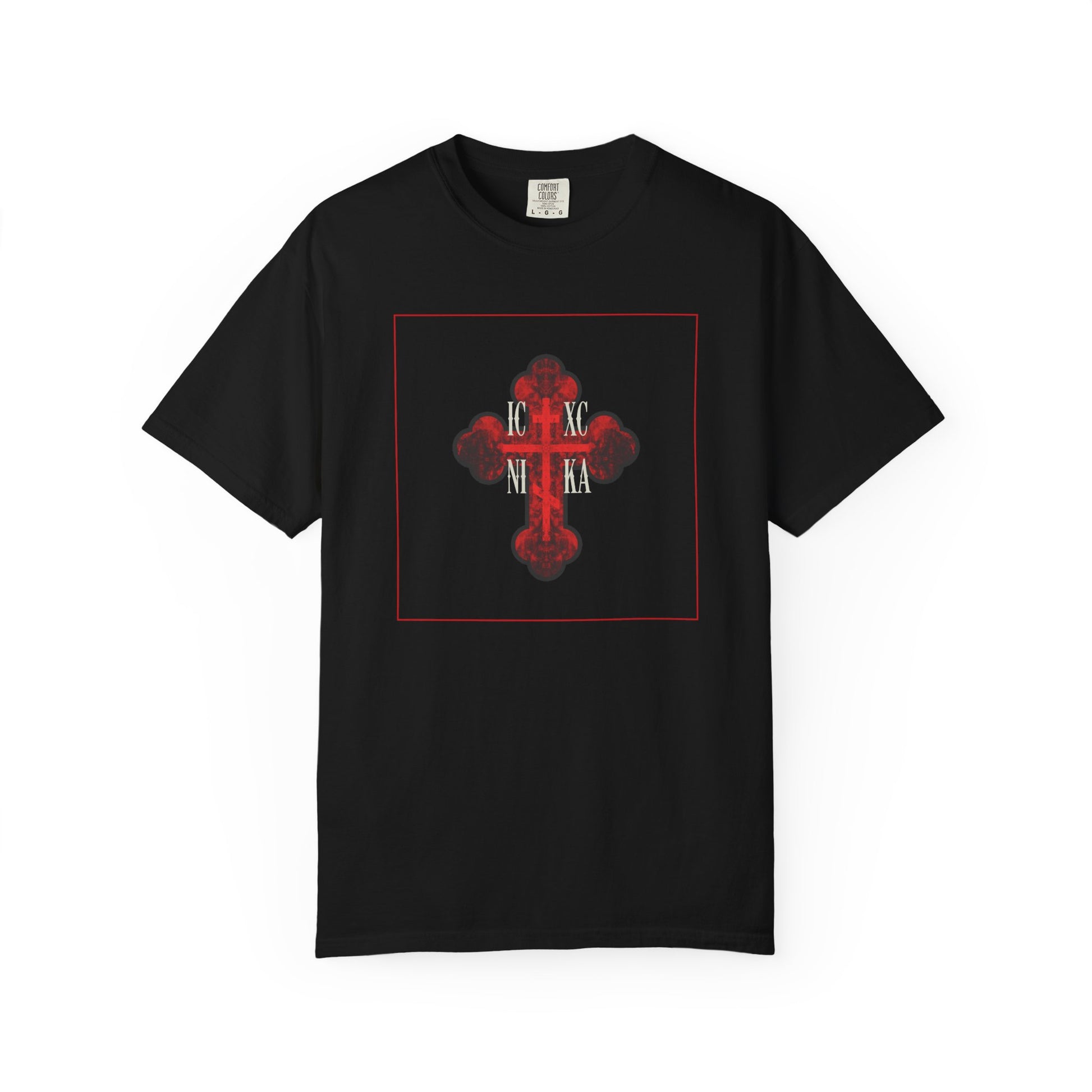 Black "ICXC NIKA Red Glowing Ornate Textured Orthodox Cross" t-shirt featuring a red and white ornate cross—symbol of salvation—with Greek letters at the center, representing sanctification and purification of the faithful. Made from heavyweight unisex cotton.