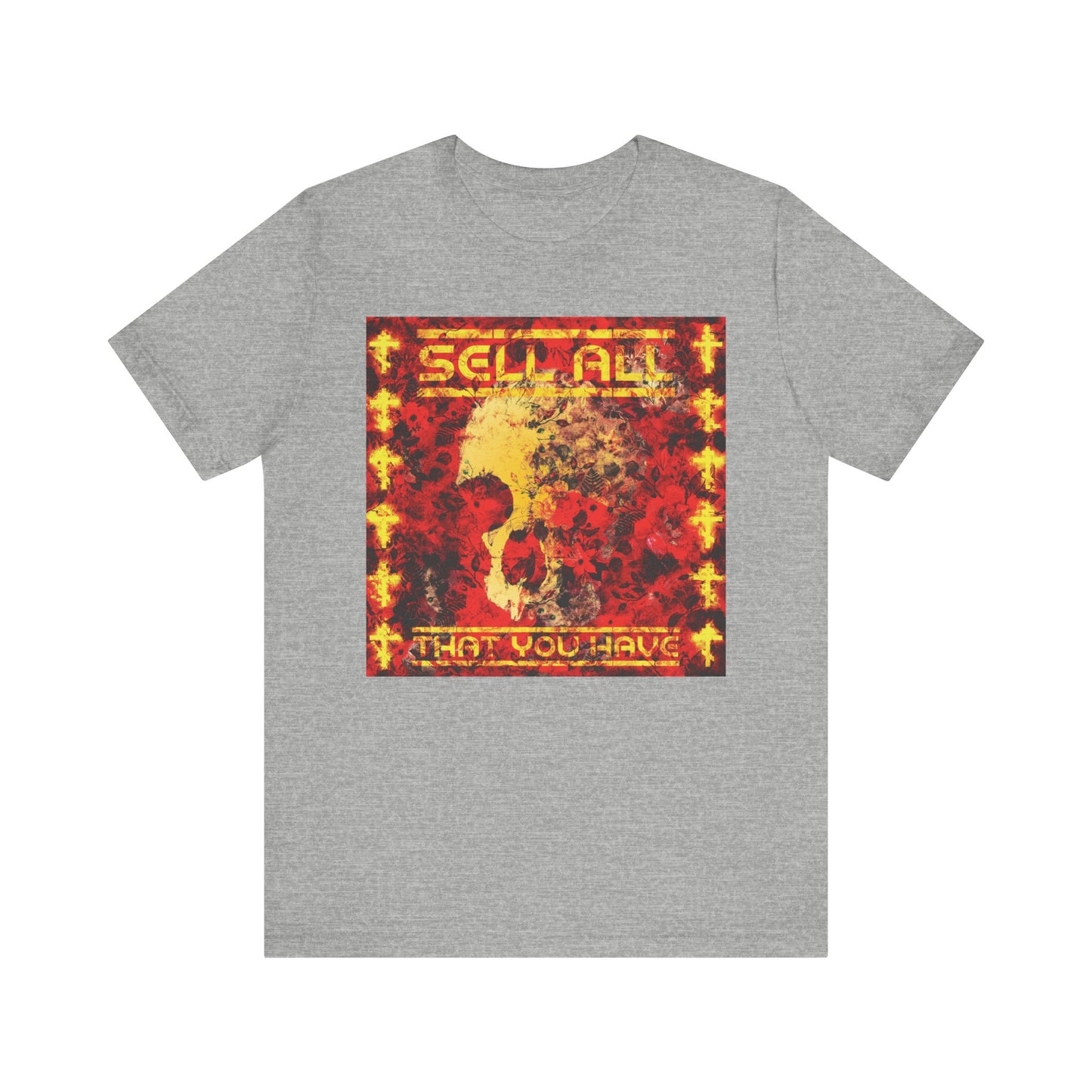 Athletic Heather “Sell All That You Have No. 1” Orthodox Christian lightweight cotton unisex tee featuring a red and yellow floral graphic and the phrase SELL ALL THAT YOU HAVE on the front, inspired by Jesus Christ’s teachings about eternal life and the commandments.