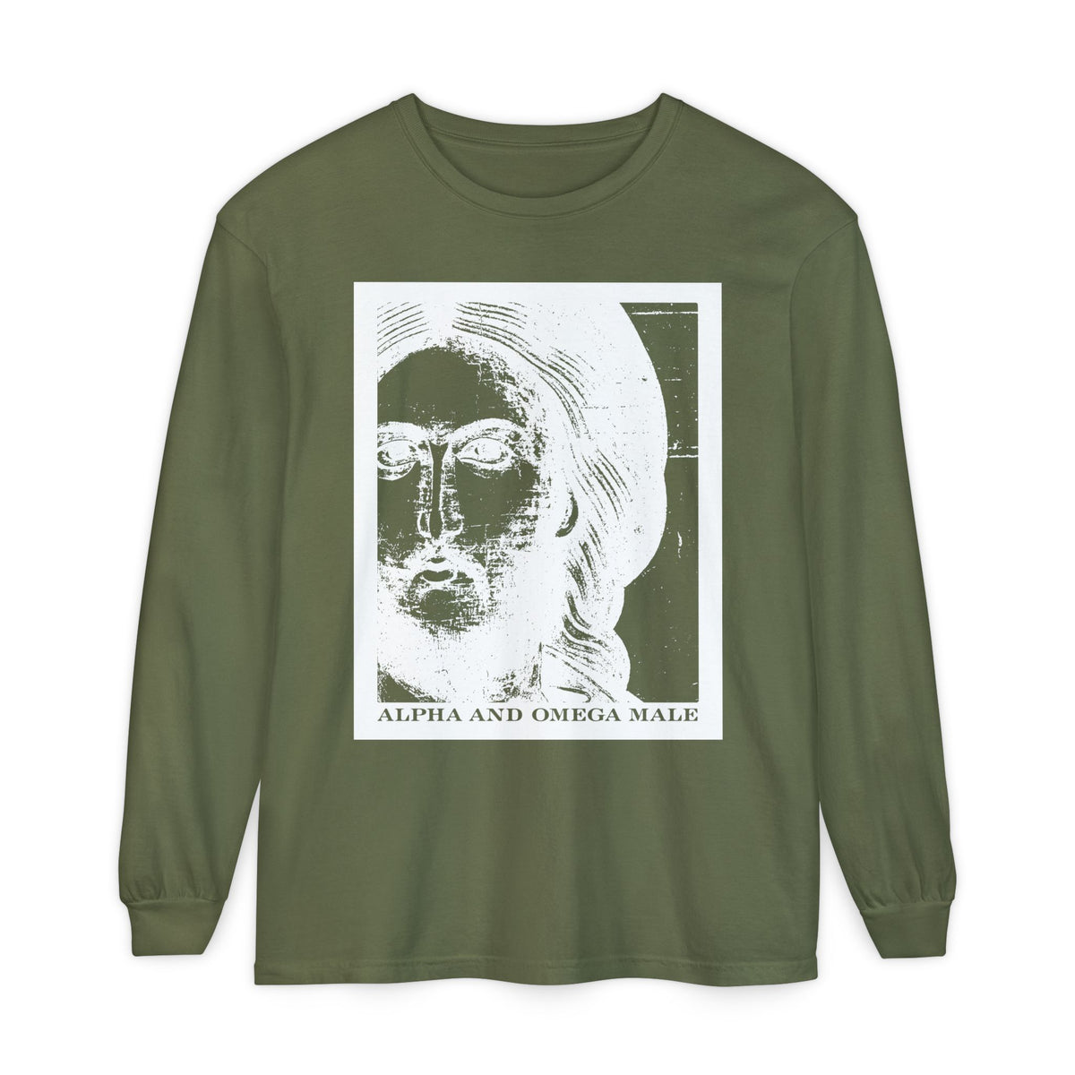 Hemp-colored long-sleeve cotton shirt featuring a photonegative Jesus Christ icon graphic and "I am the Beginning & the End (Rev 22)"—a modern Alpha & Omega Male design.