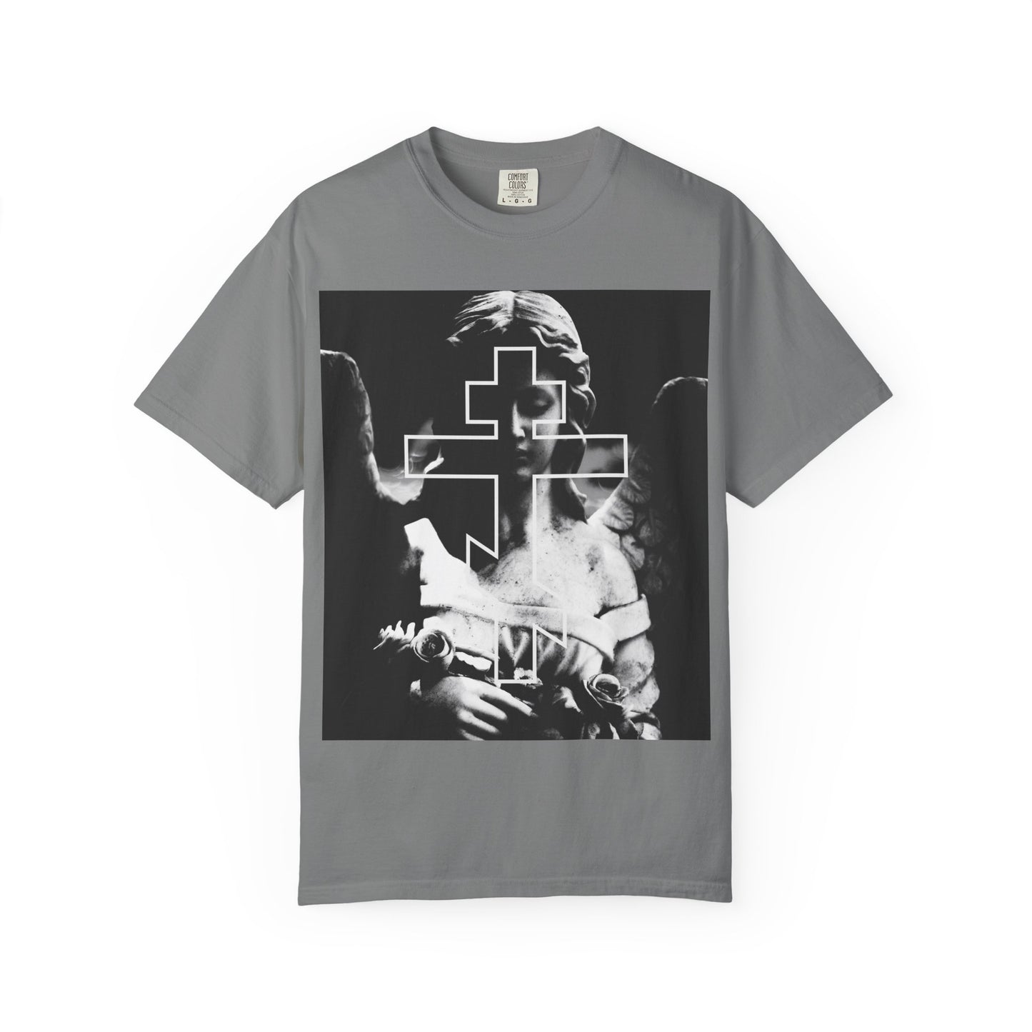 Grey heavyweight cotton unisex tee featuring a black-and-white angel graphic and Orthodox cross. Inspired by Memento Mori, this Cemetery Angel shirt embraces grayscale goth style and remembrance themes.