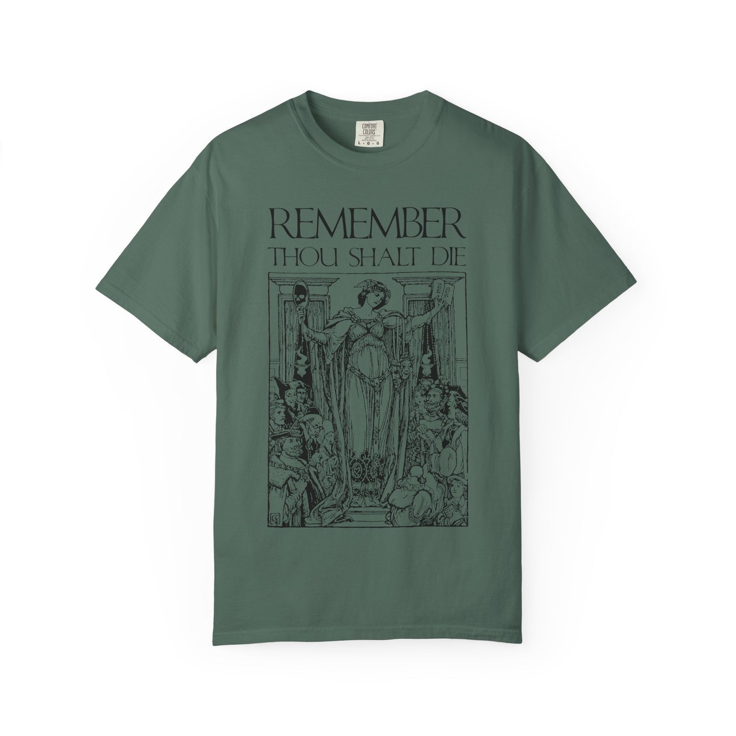 Blue Spruce tee featuring a classic woodcut memento mori illustration and the phrase "Remember You Will Die"—a Shakespearean-inspired Christian design in heavyweight cotton for subtle reflection on mortality.