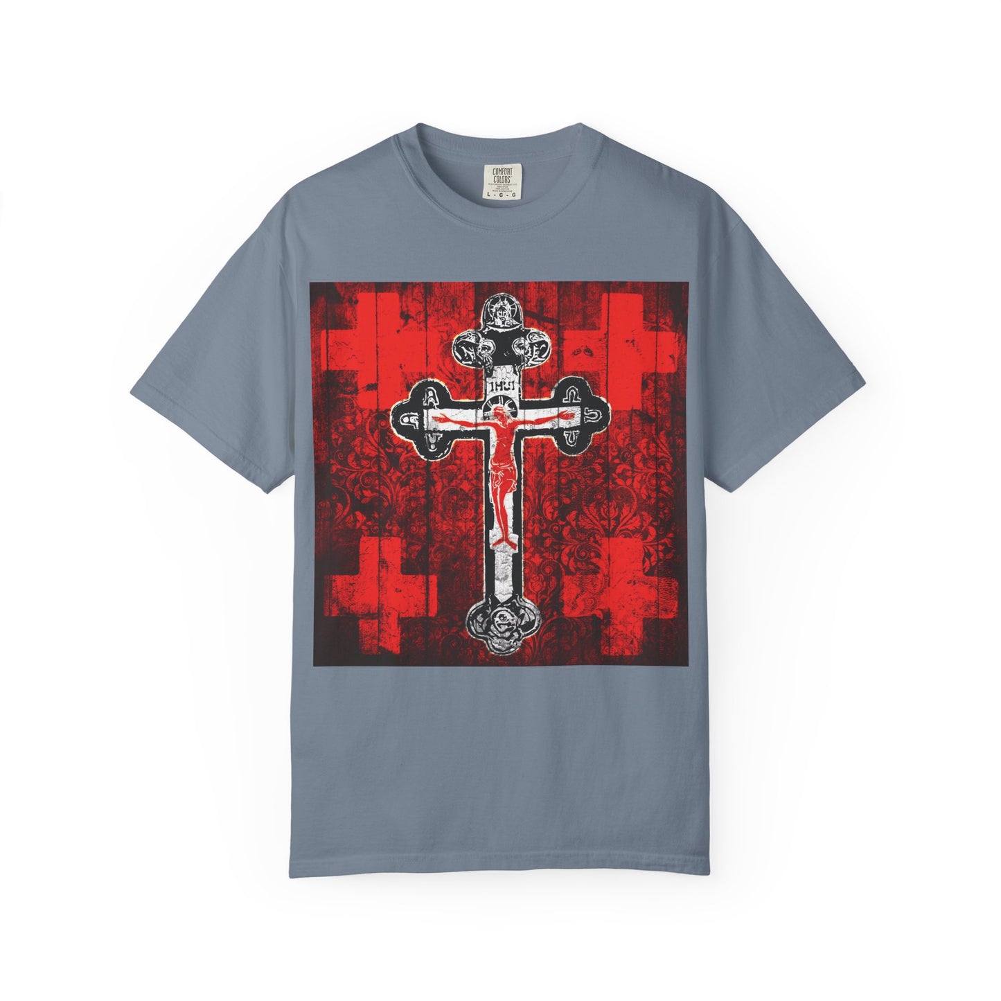 Blue Jean heavyweight cotton unisex tee featuring the Alpha & Omega Art Cross—an Orthodox iconographic design of Jesus Christ crucifix in red, white, and black. The shirt’s intricate cross artwork pays artistic tribute to the Adoration of the Precious and Life-Giving Cross, celebrated during Great Lent and Vespers.