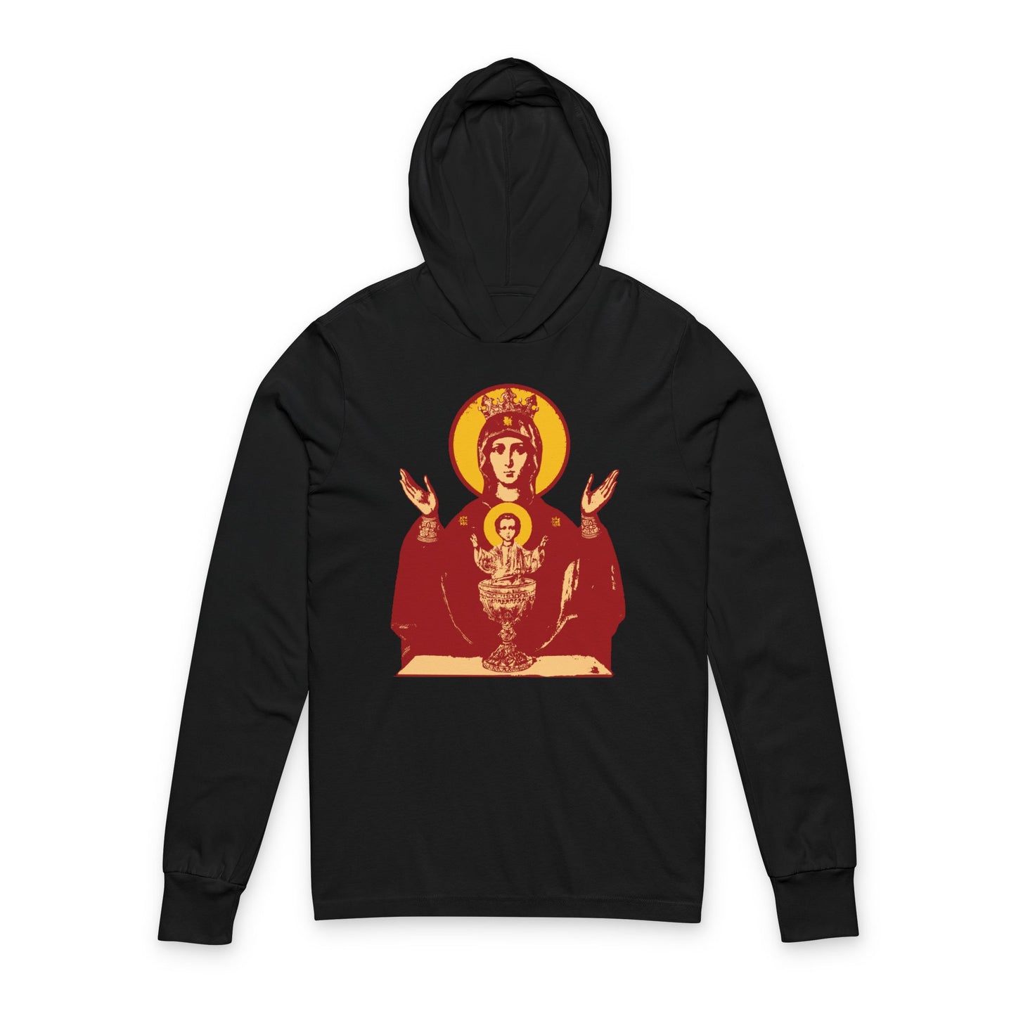Black Holy Theotokos IconoGraphic of the Inexhaustible Chalice hoodie with a red and gold Madonna and Child icon on the front; Orthodox Christian hooded shirt inspired as a deliverer from addictions and conqueror of passions.