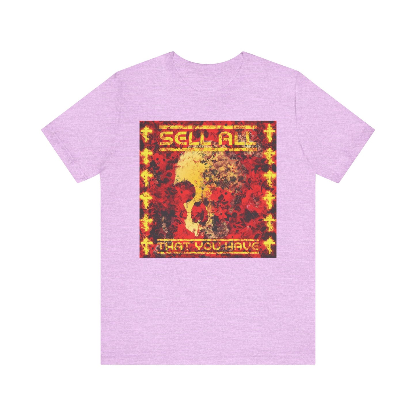 Heather Prism Lilac unisex lightweight cotton tee featuring a red and yellow "SELL ALL THAT YOU HAVE" graphic around an abstract design, inspired by the commandments of Jesus Christ and the pursuit of eternal life. Product name: Sell All That You Have No. 1 | Orthodox Christian Tee.