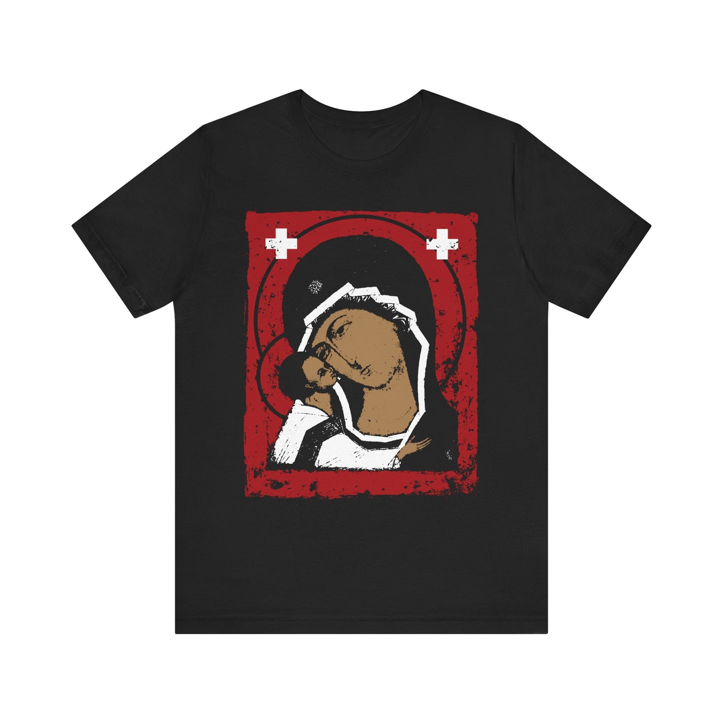 Black t-shirt featuring the “Theotokos Mother of God with Christ IconoGraphic” in an Igorevskaya Tenderness style, showcased on a bold red, white, and black design—crafted from lightweight cotton in an Orthodox-inspired motif.