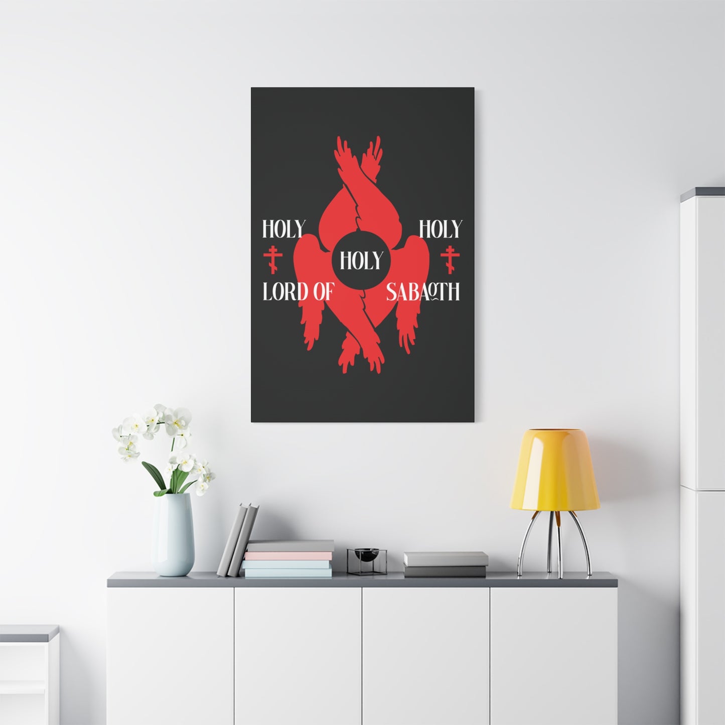 Minimalist wall art titled "Holy Holy Holy Lord of Sabaoth Red Seraphim Wings Orthodox Crosses | Isaiah 6:3 | Divine Council" features red seraphim and Scripture, perfect above a modern cabinet.