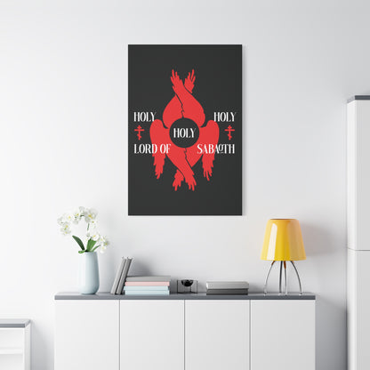 Minimalist wall art titled "Holy Holy Holy Lord of Sabaoth Red Seraphim Wings Orthodox Crosses | Isaiah 6:3 | Divine Council" features red seraphim and Scripture, perfect above a modern cabinet.